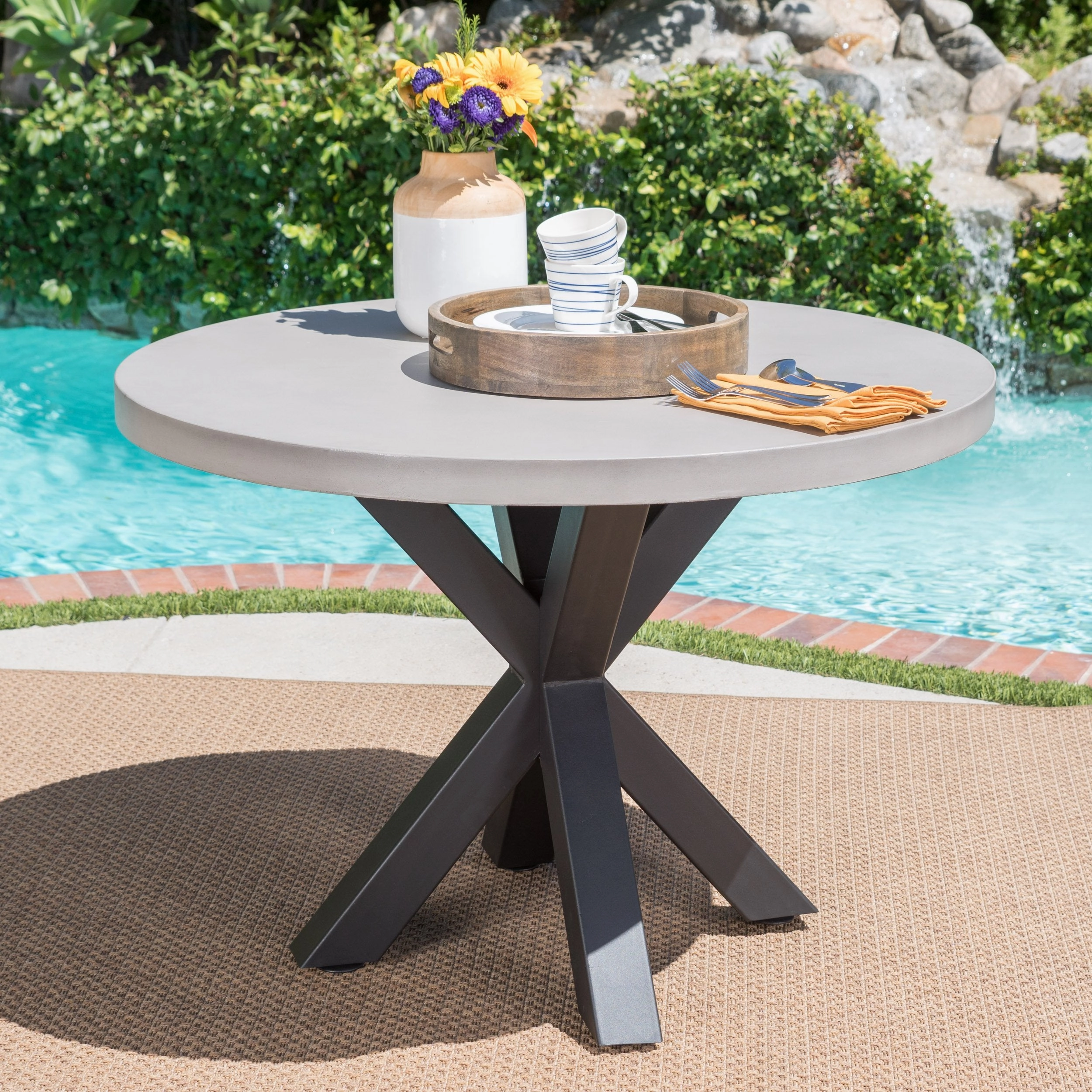 Outdoor Modern Lightweight Concrete Circular Dining Table with Cross Base - NH683103 outdoor lounge chair, patio sofa