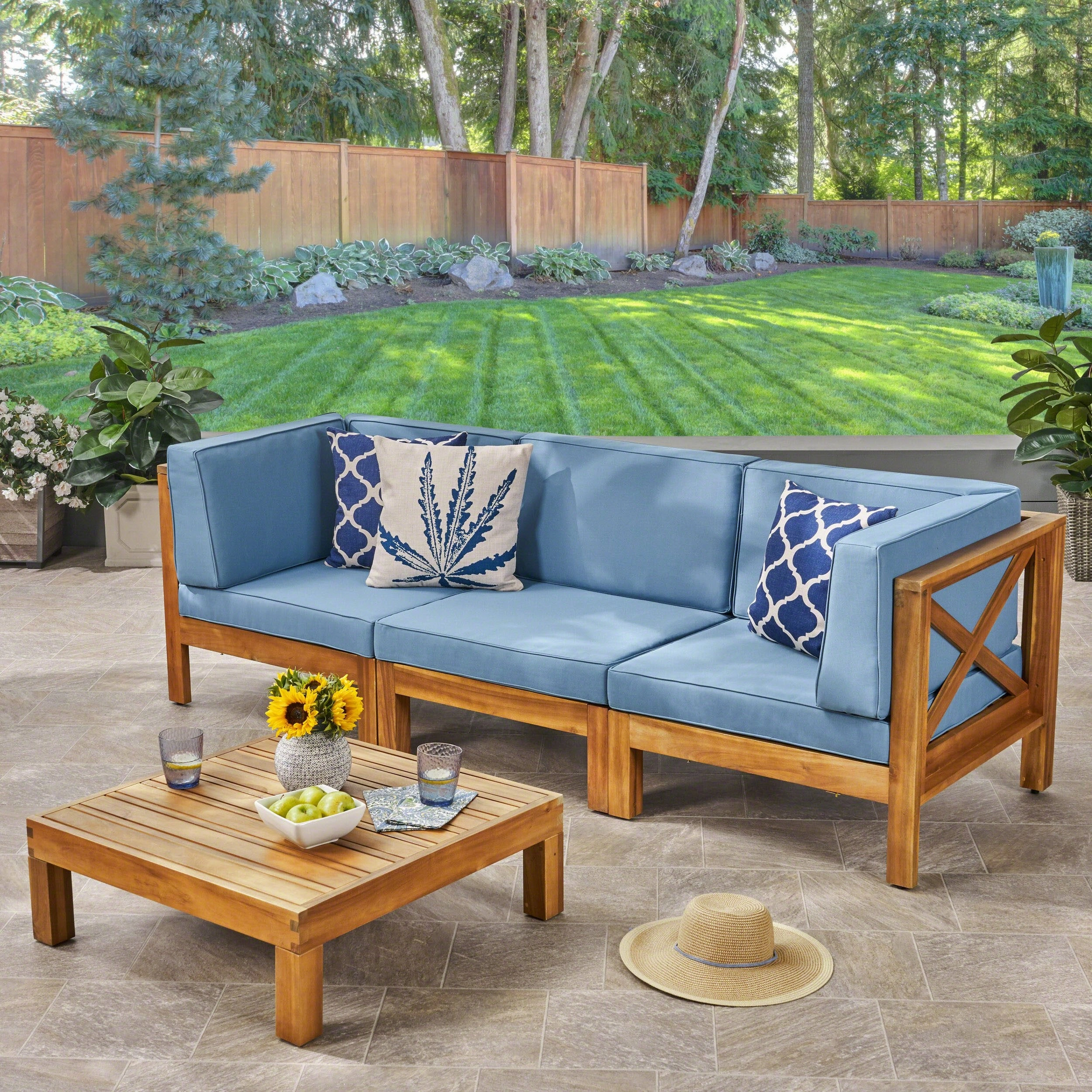Outdoor Modular Acacia Wood Sofa and Coffee Table Set with Cushions - NH707603 outdoor furniture, garden bench