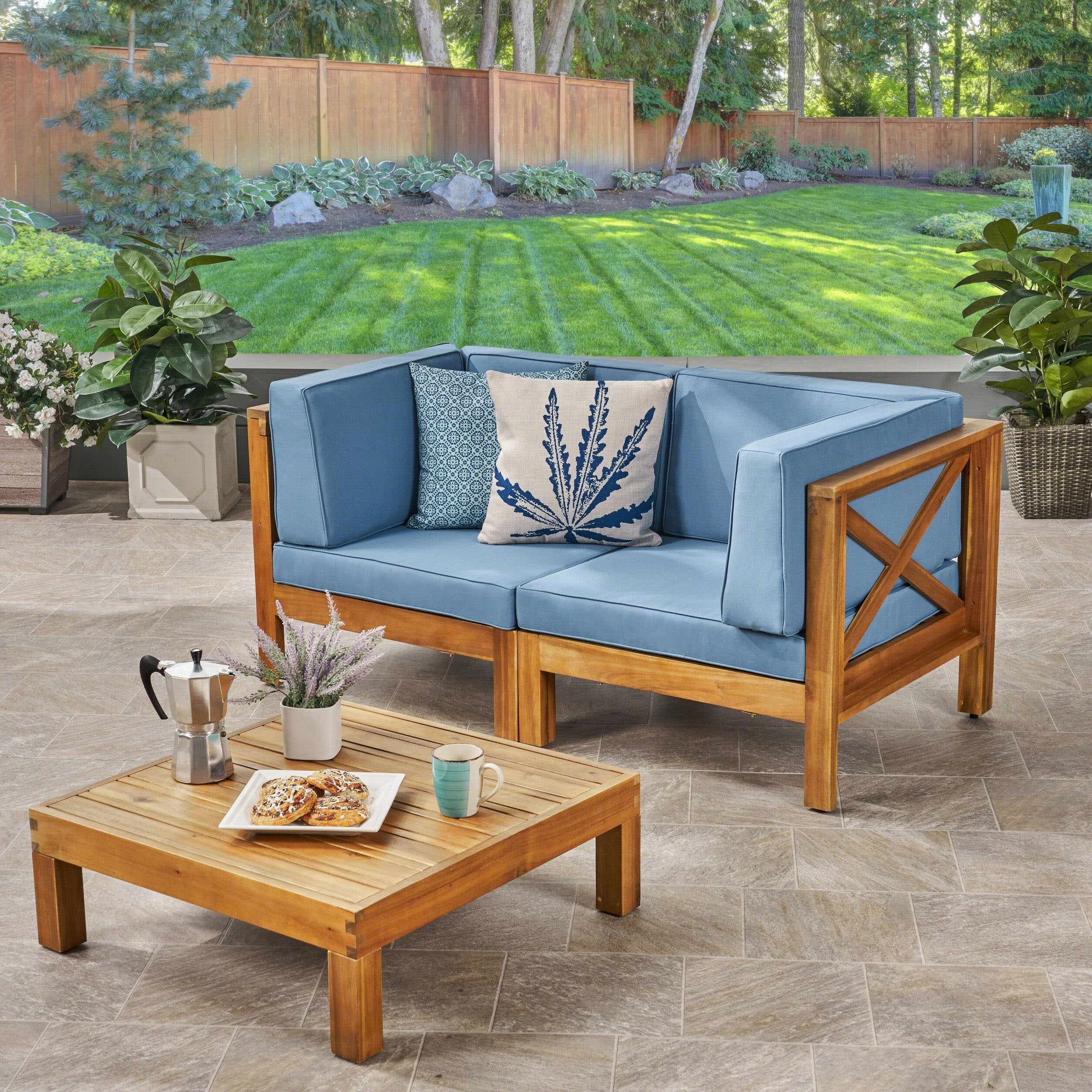 Outdoor Modular Acacia Wood Sofa with Cushions and Coffee Table Set - NH296603 outdoor furniture, garden bench