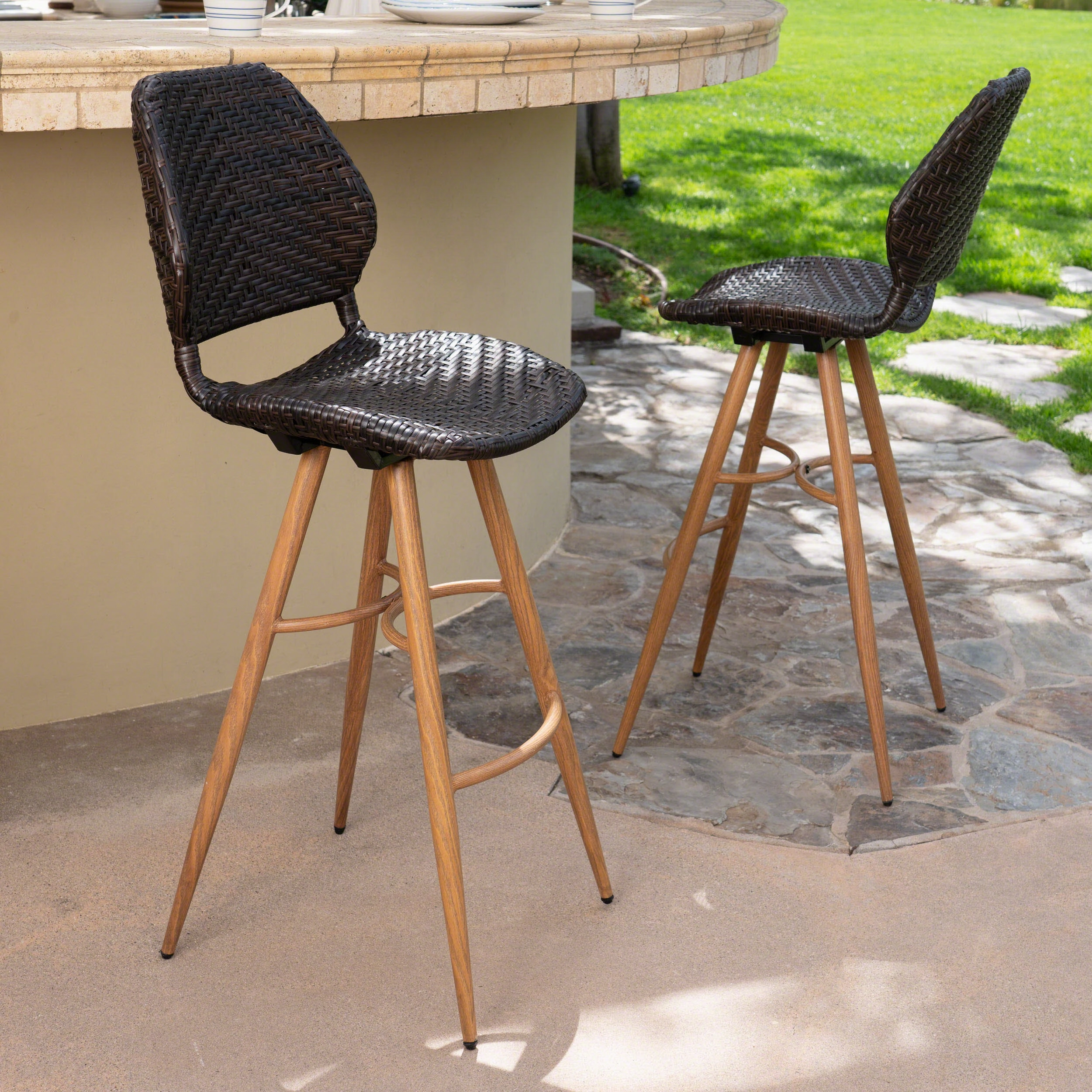 Outdoor Multi-brown Wicker Barstools with Brown Wood Finish Metal Leg - NH251403 outdoor furniture, garden bench