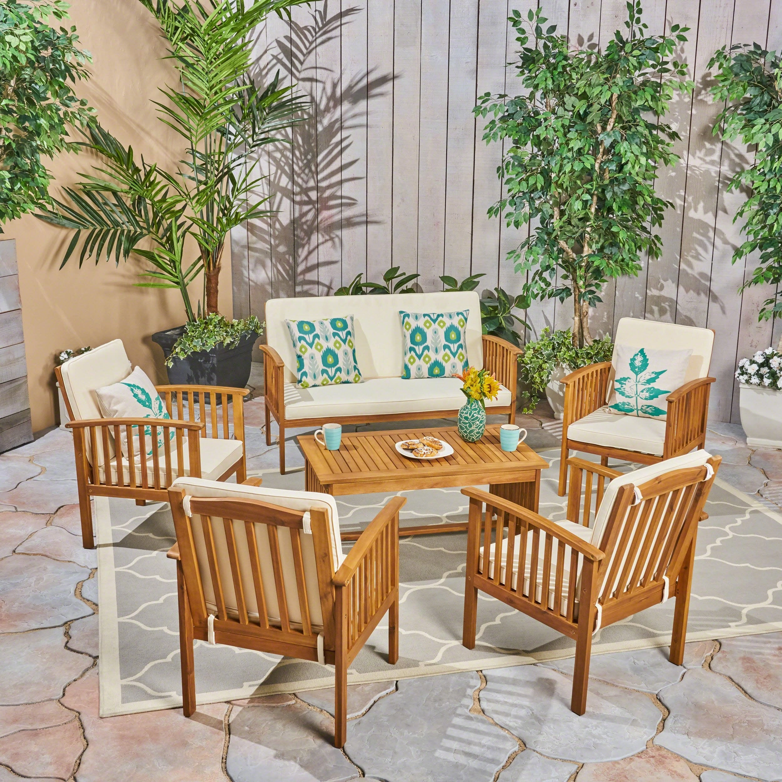 Outdoor Open Slat 6-Seater Acacia Wood Conversation Set with Coffee Table - NH390603 outdoor furniture, garden bench