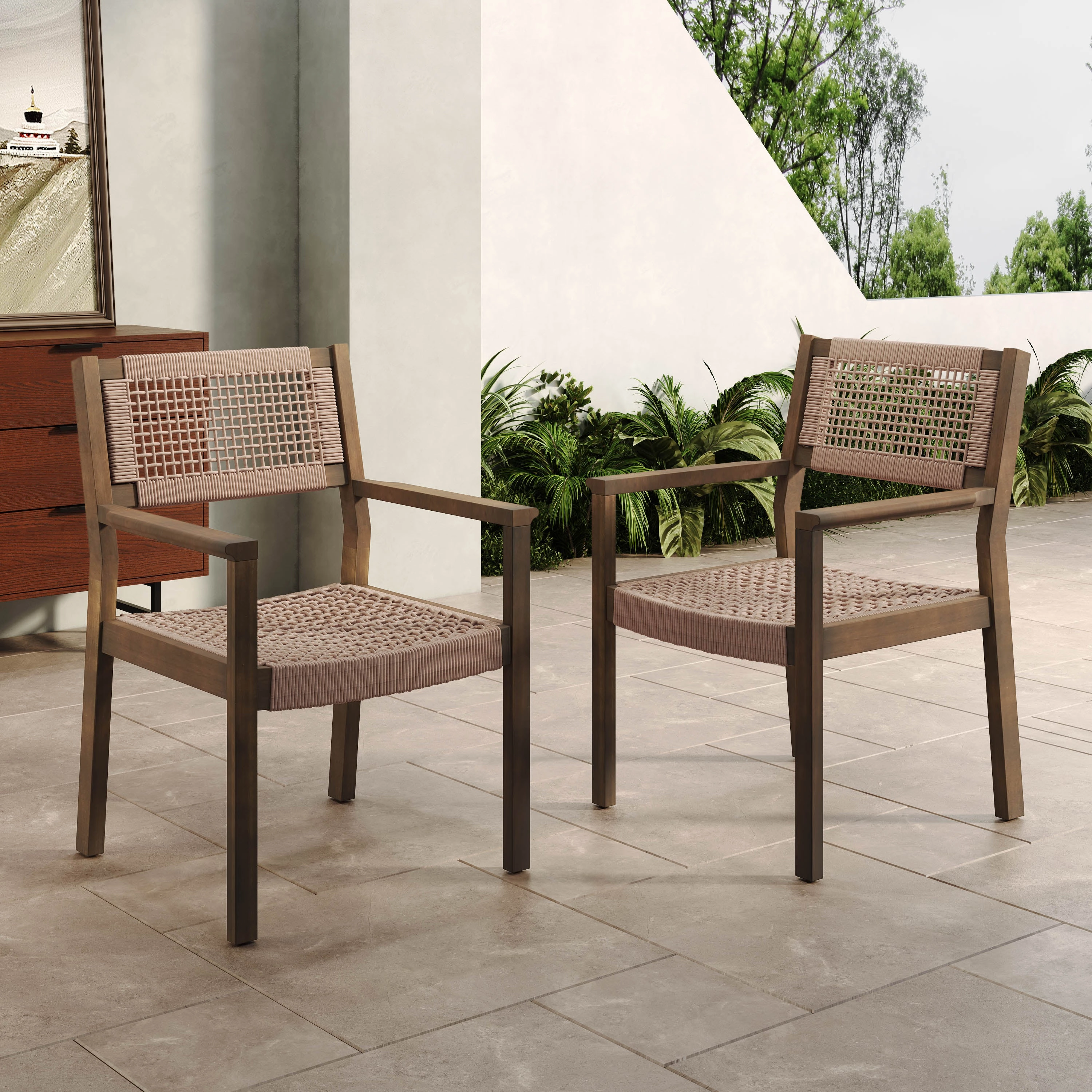 Outdoor Patio Acacia Wood Braided Rope Dining Chairs, Set of 2 outdoor lounge chair, patio sofa
