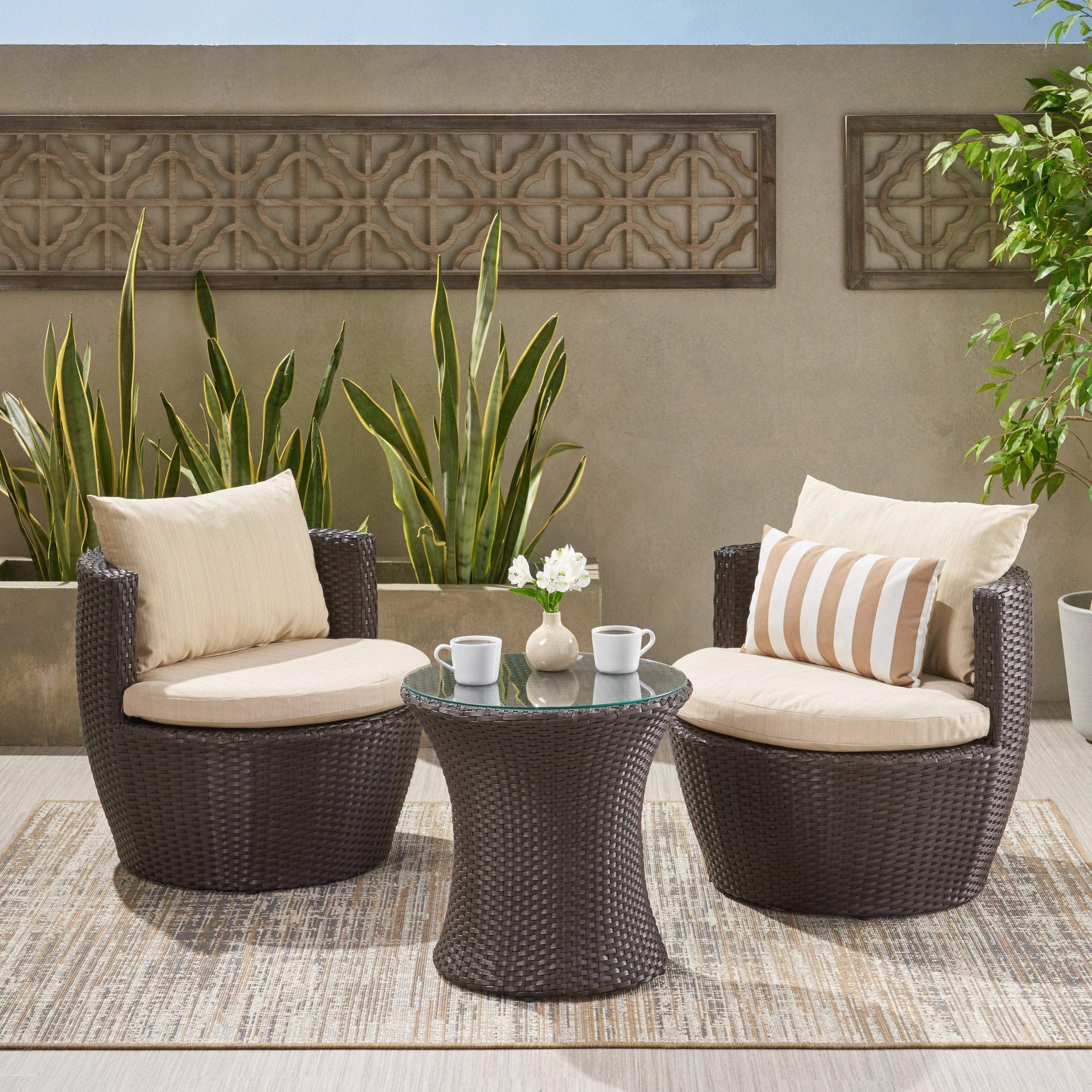 Outdoor Round 3-Piece Brown Wicker Chat Set with Beige Cushions - NH323692 outdoor furniture, garden bench