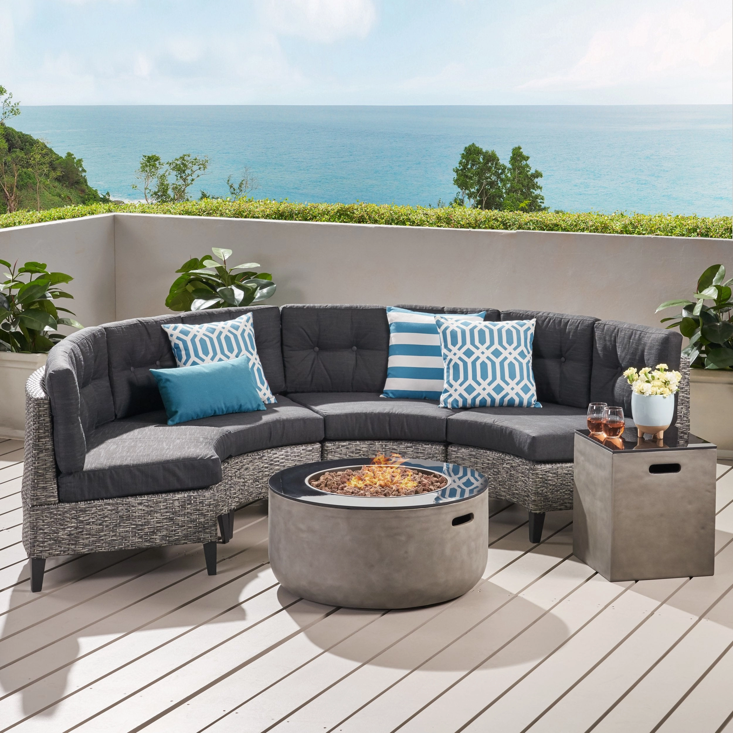 Outdoor Round 4 Seater Wicker Sectional Set with Fire Pit and Tank Holder - NH864113 outdoor furniture, garden bench