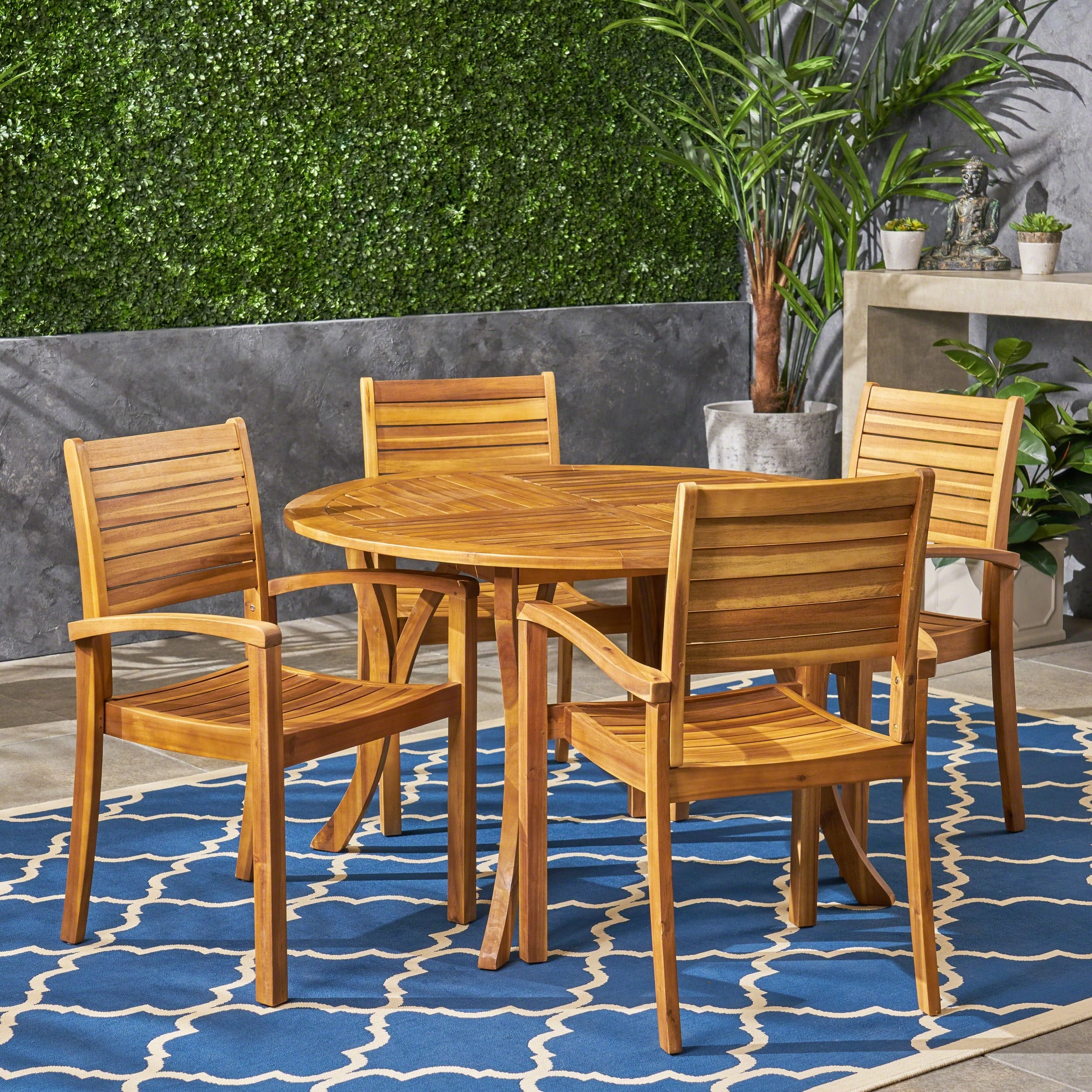 Outdoor Rustic 5 Piece Round Acacia Wood Dining Set with Slats - NH294603