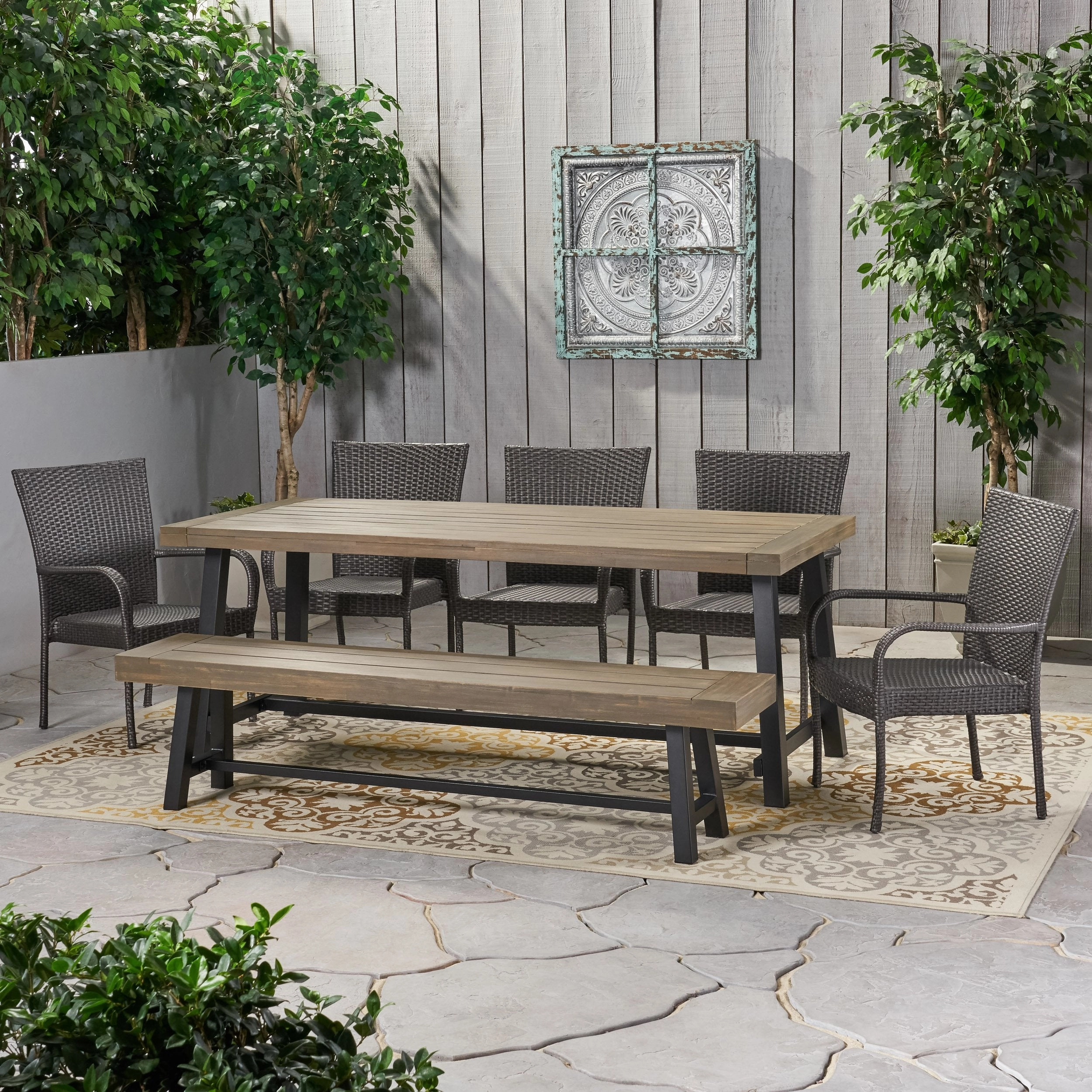 Outdoor Rustic Acacia Wood 8 Seater Dining Set with Dining Bench - NH669013