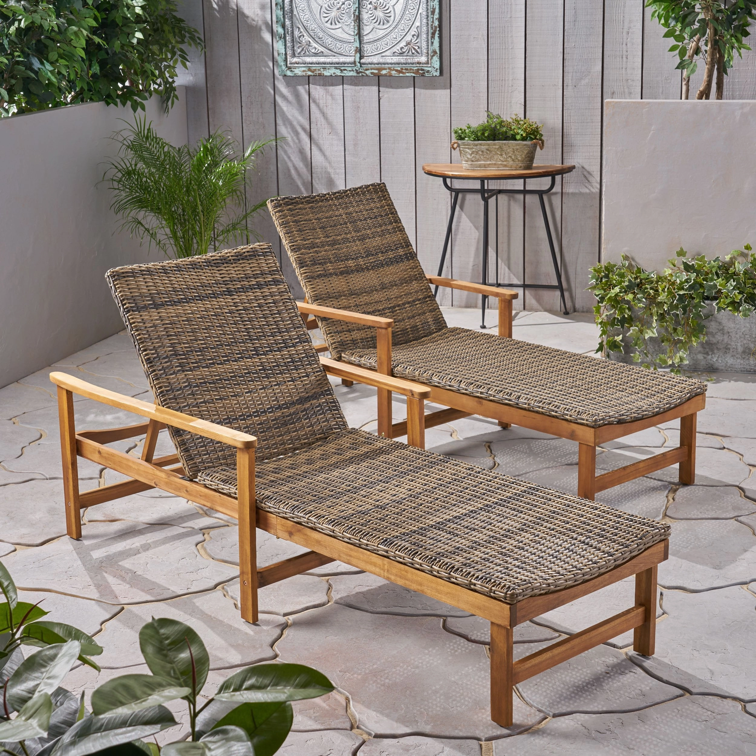 Outdoor Rustic Acacia Wood Chaise Lounge with Wicker Seating - NH609603