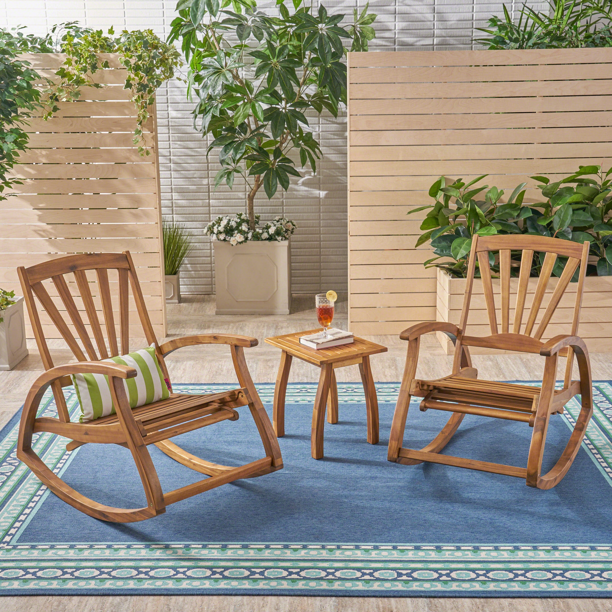 Outdoor Rustic Acacia Wood Recliner Rocking Chair with Side Table - NH449603 outdoor furniture, garden bench
