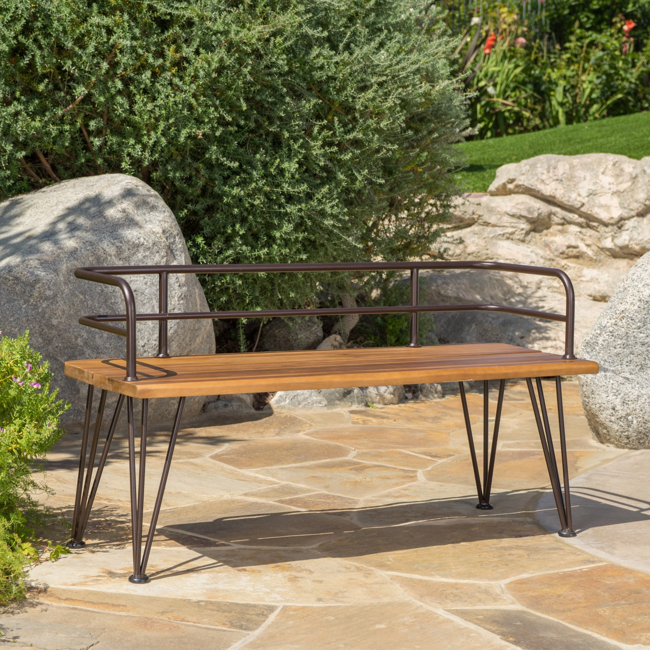 Outdoor Rustic Industrial Acacia Wood Bench with Metal Hairpin Legs, Teak - NH998003 outdoor furniture, garden bench
