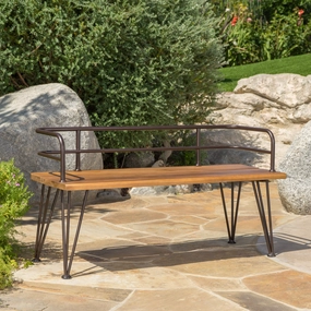 Outdoor Rustic Industrial Acacia Wood Bench with Metal Hairpin Legs, Teak - NH998003 outdoor furniture, garden bench