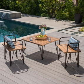 Outdoor Rustic Industrial Acacia Wood Coffee Table Chat Set with Metal Hairpin Legs, Teak - NH561403 outdoor furniture, garden bench