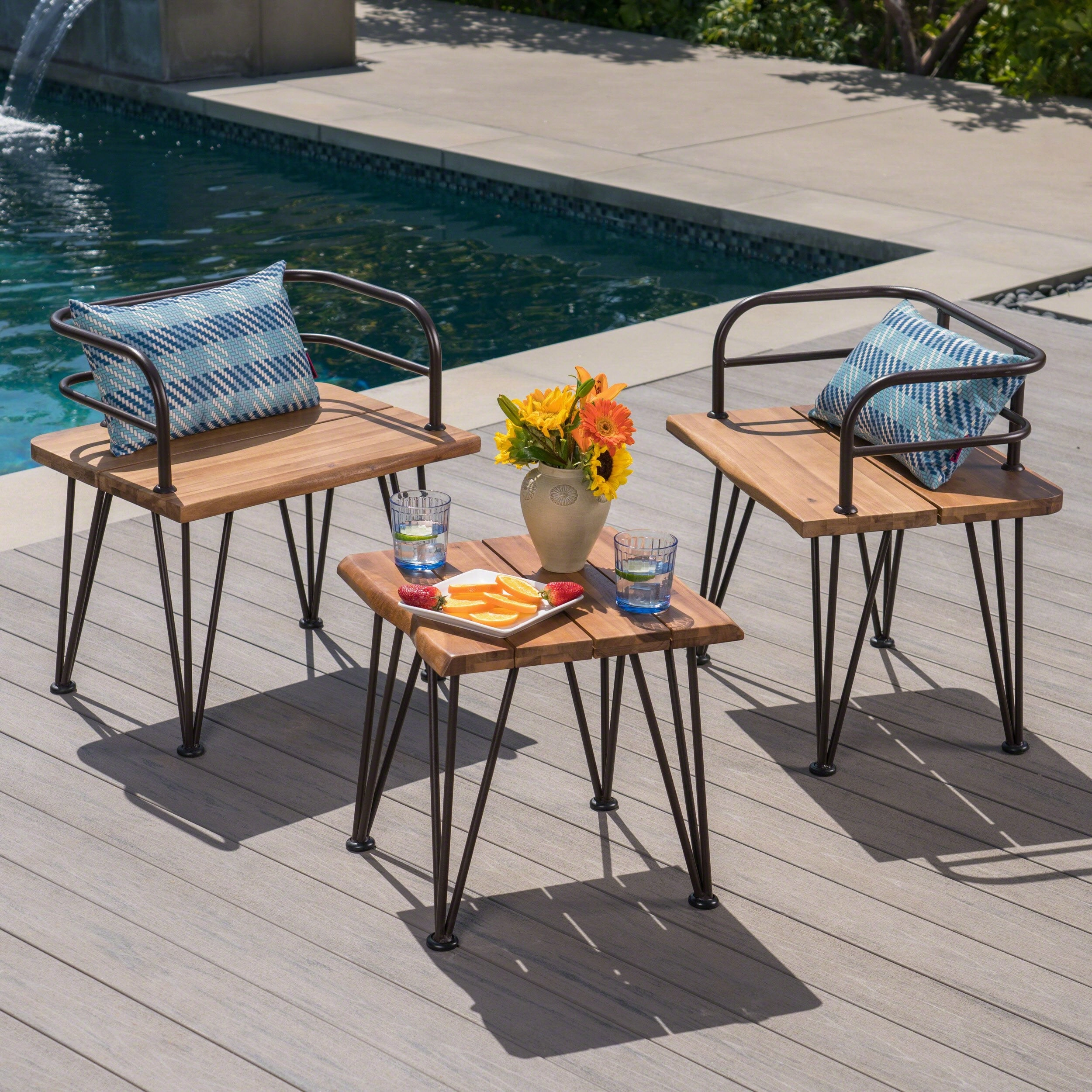 Outdoor Rustic Industrial Acacia Wood End Table Chat with Metal Hairpin Legs, Teak - NH461403 outdoor furniture, garden bench