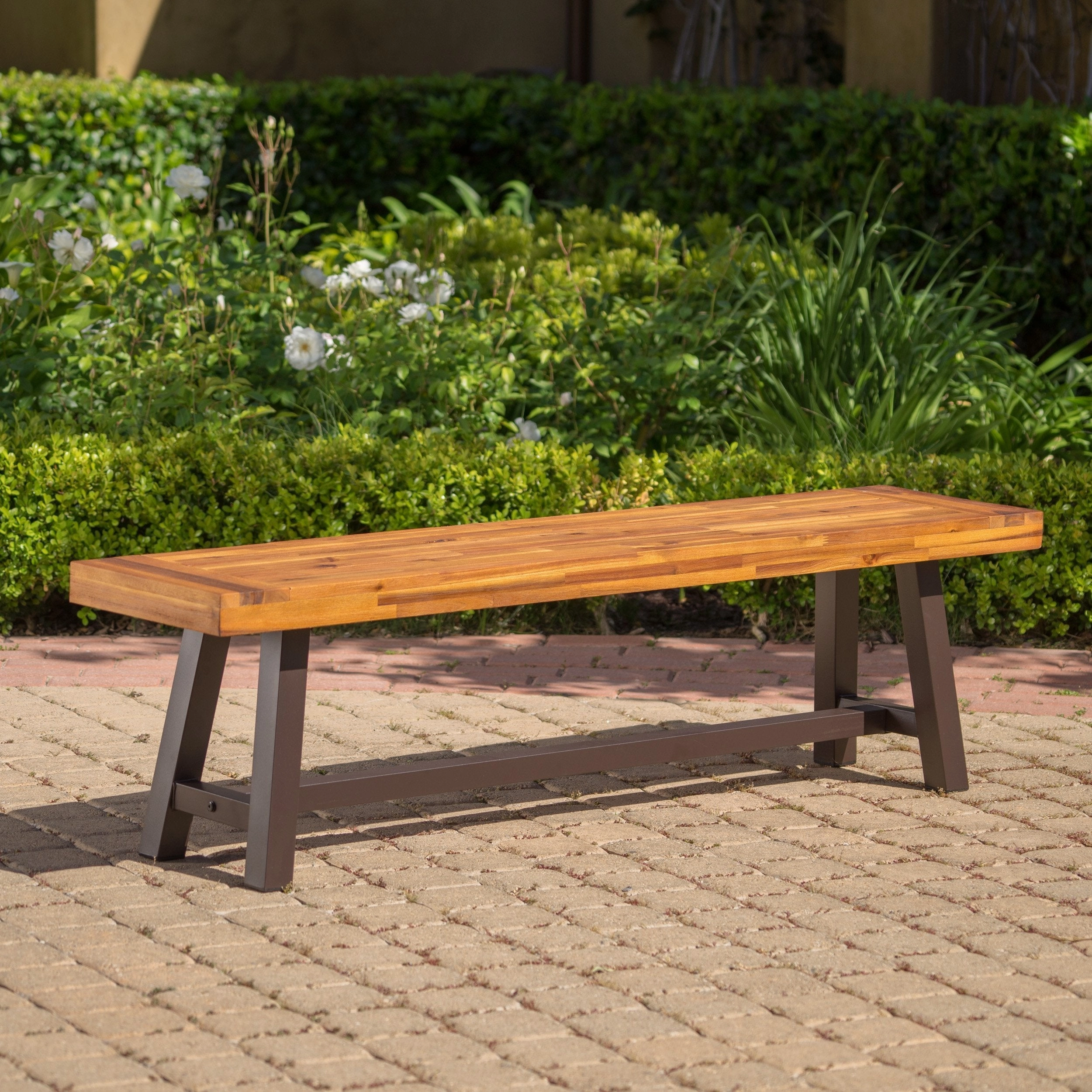 Outdoor Sandblack Finish Acacia Wood & Rustic Metal Bench - NH694003 outdoor furniture, garden bench