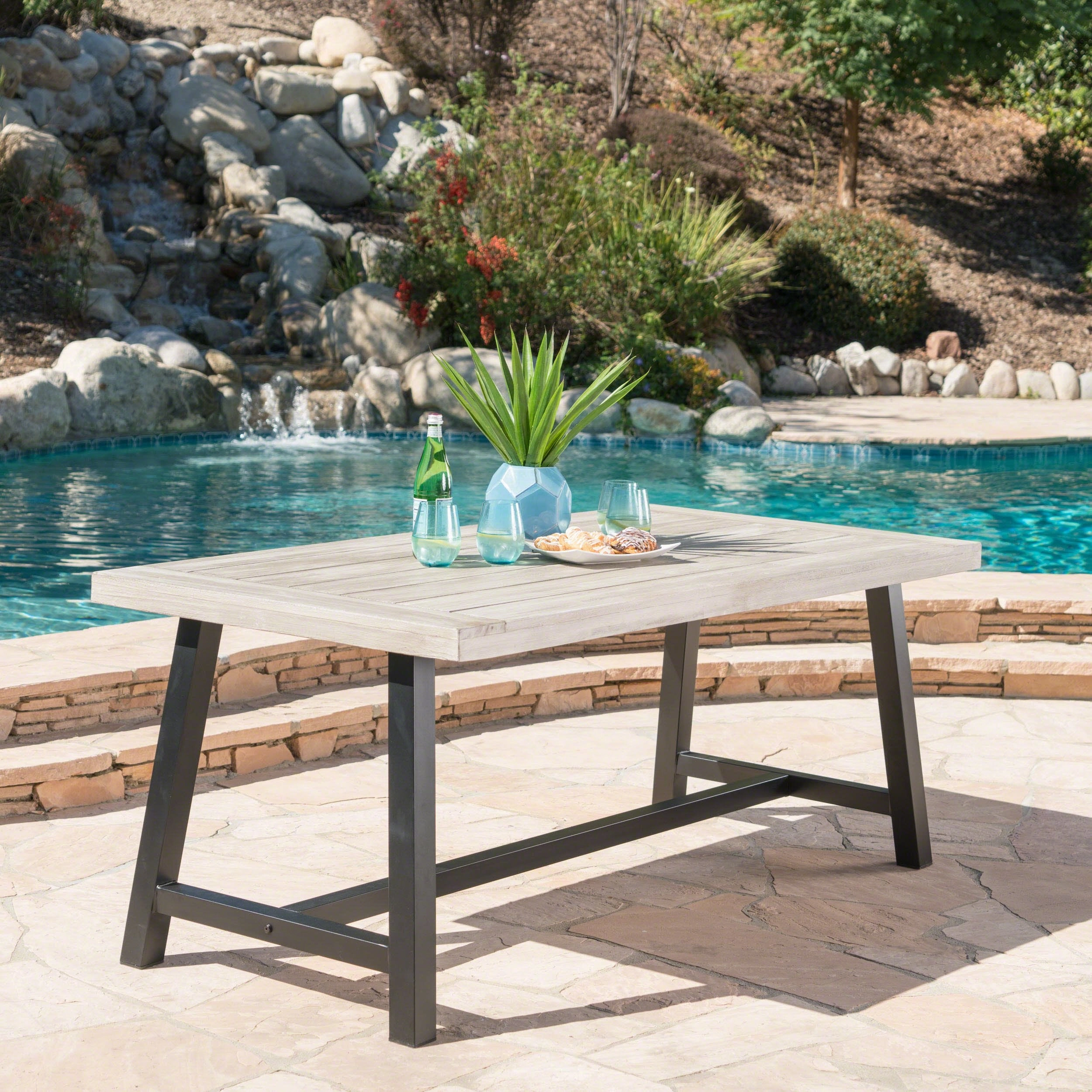 Outdoor Sandblast Finish Acacia Wood Dining Table with Metal Finish Frame - NH009303 outdoor lounge chair, patio sofa
