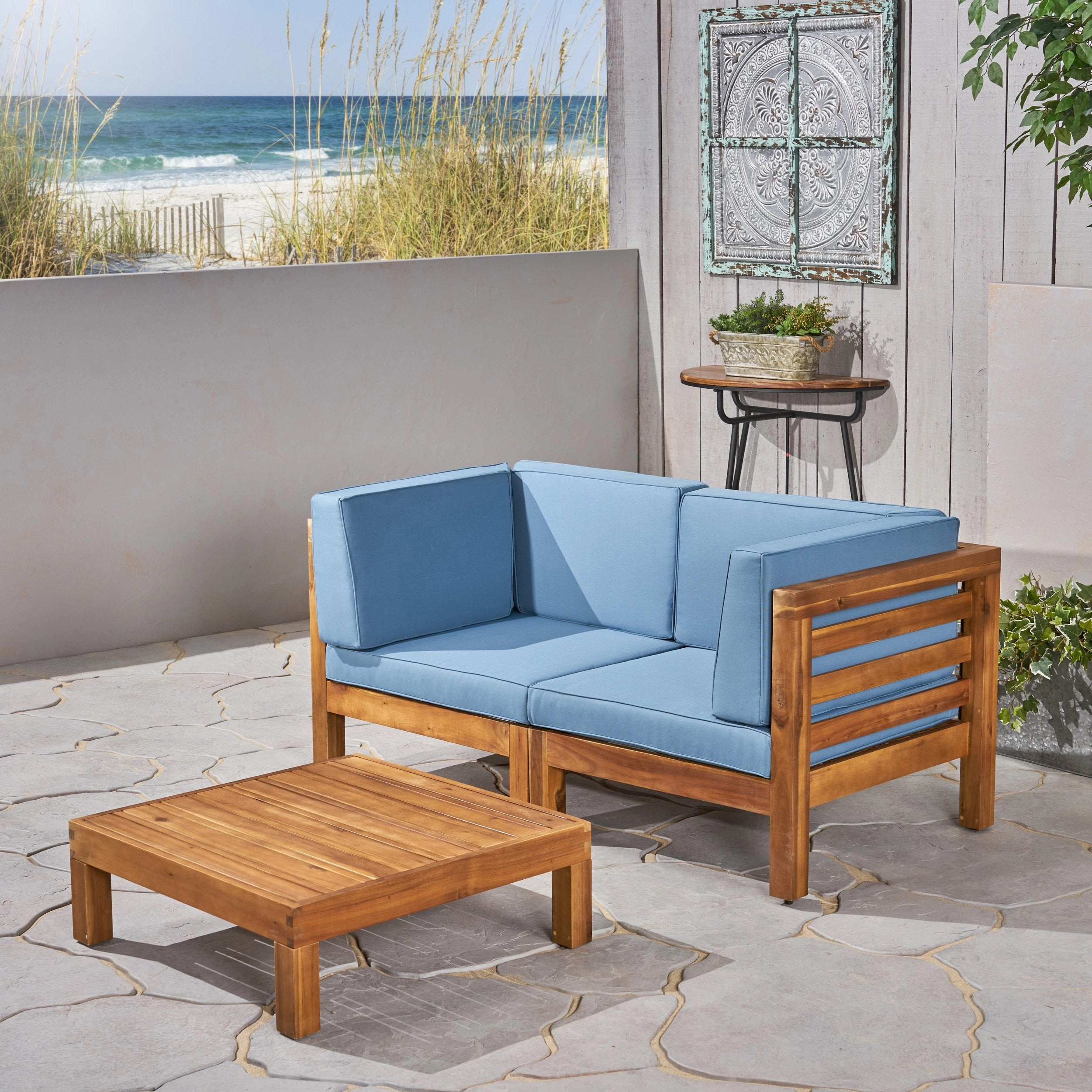 Outdoor Sectional Love Seat Set with Coffee Table - 3-Piece 2-Seater - Acacia Wood - Outdoor Cushions - NH640703 outdoor furniture, garden bench