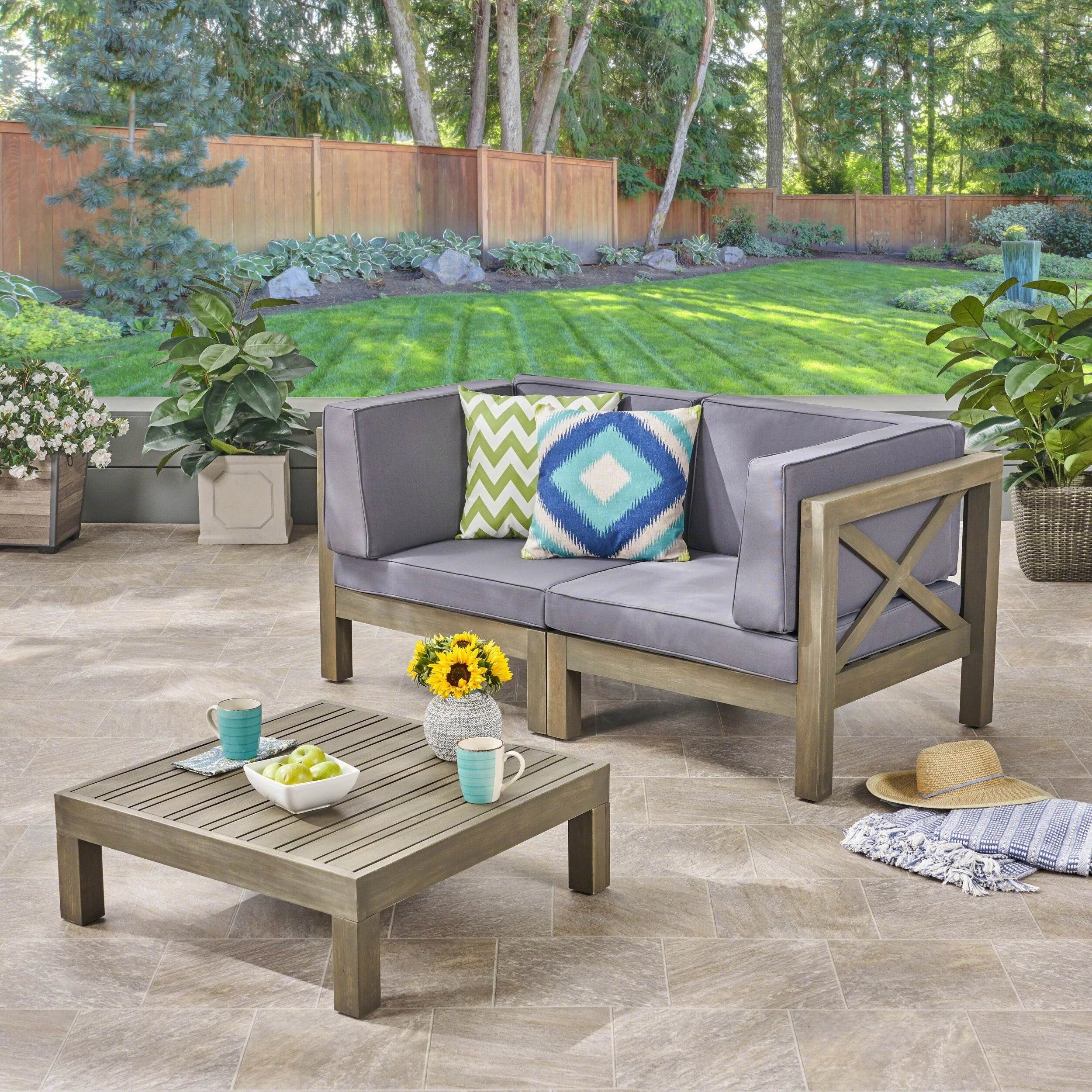 Outdoor Sectional Loveseat Set with Coffee Table  2-Seater  Acacia Wood  Water-Resistant Cushions - NH496603 outdoor furniture, garden bench