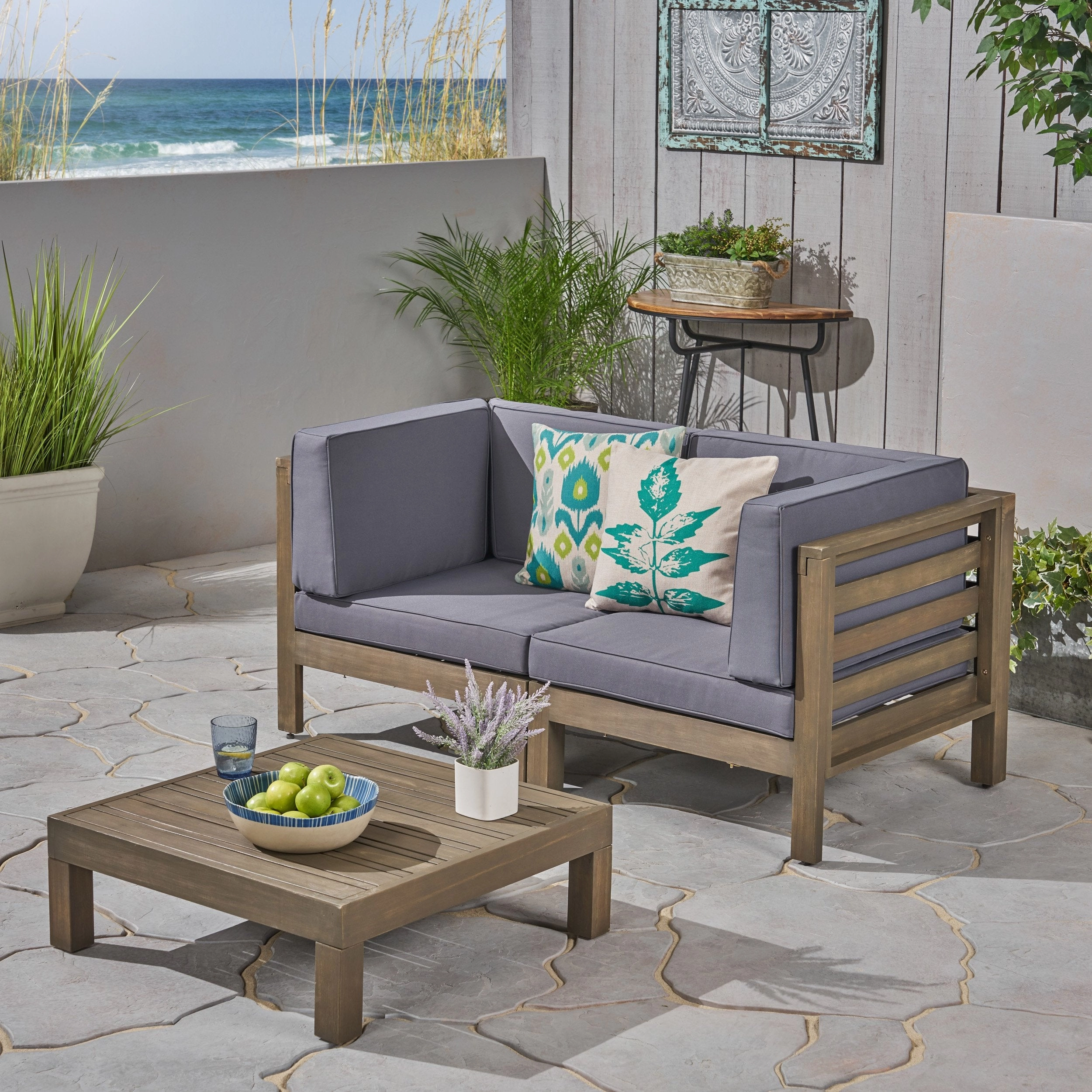 Outdoor Sectional Loveseat Set with Coffee Table - 3-Piece 2-Seater - Acacia Wood - Outdoor Cushions - NH840703 outdoor furniture, garden bench