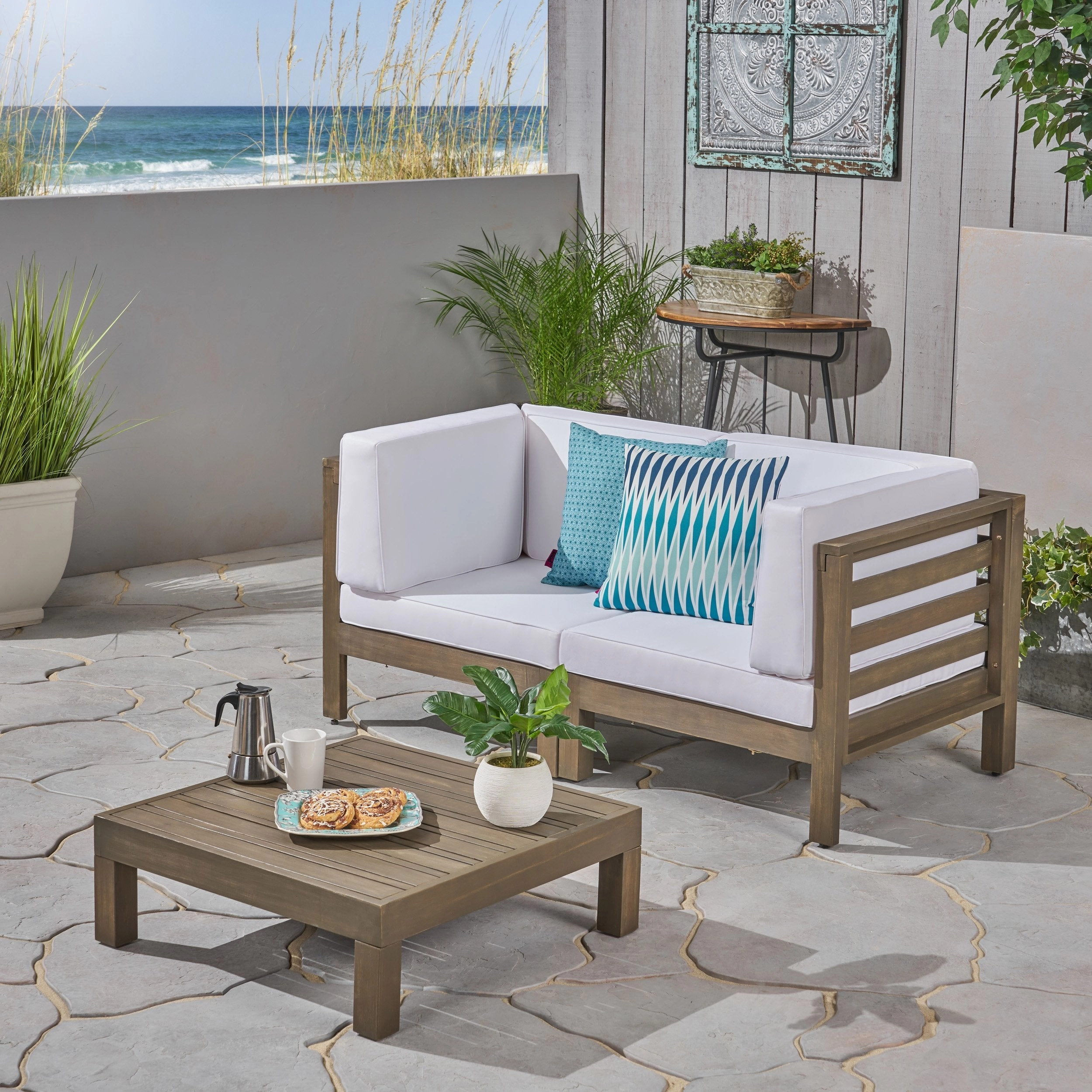 Outdoor Sectional Loveseat Set with Coffee Table - 3-Piece 2-Seater - Acacia Wood - Outdoor Cushions - NH840703