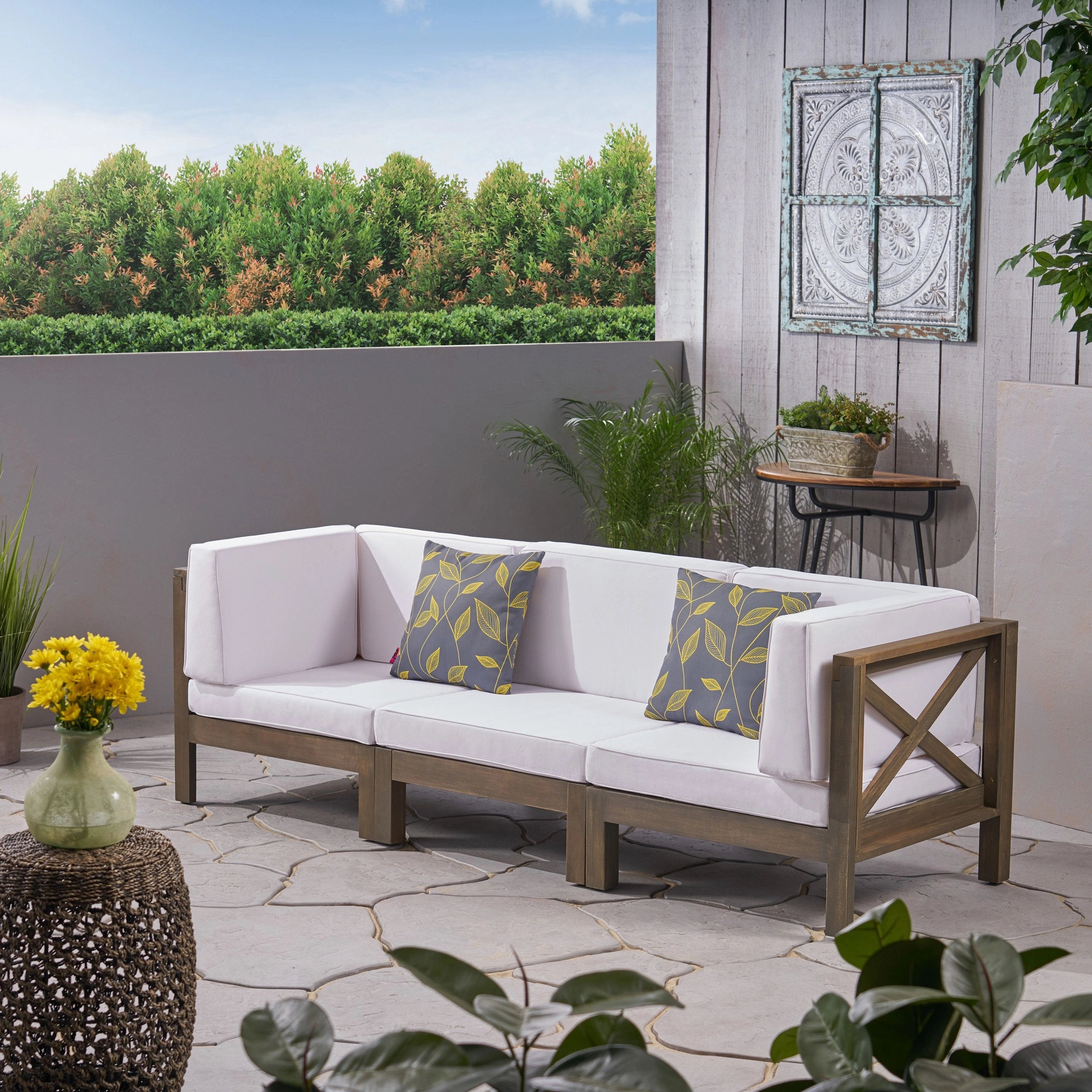 Outdoor Sectional Sofa Set  3-Seater  Acacia Wood  Water-Resistant Cushions - NH986603 outdoor furniture, garden bench