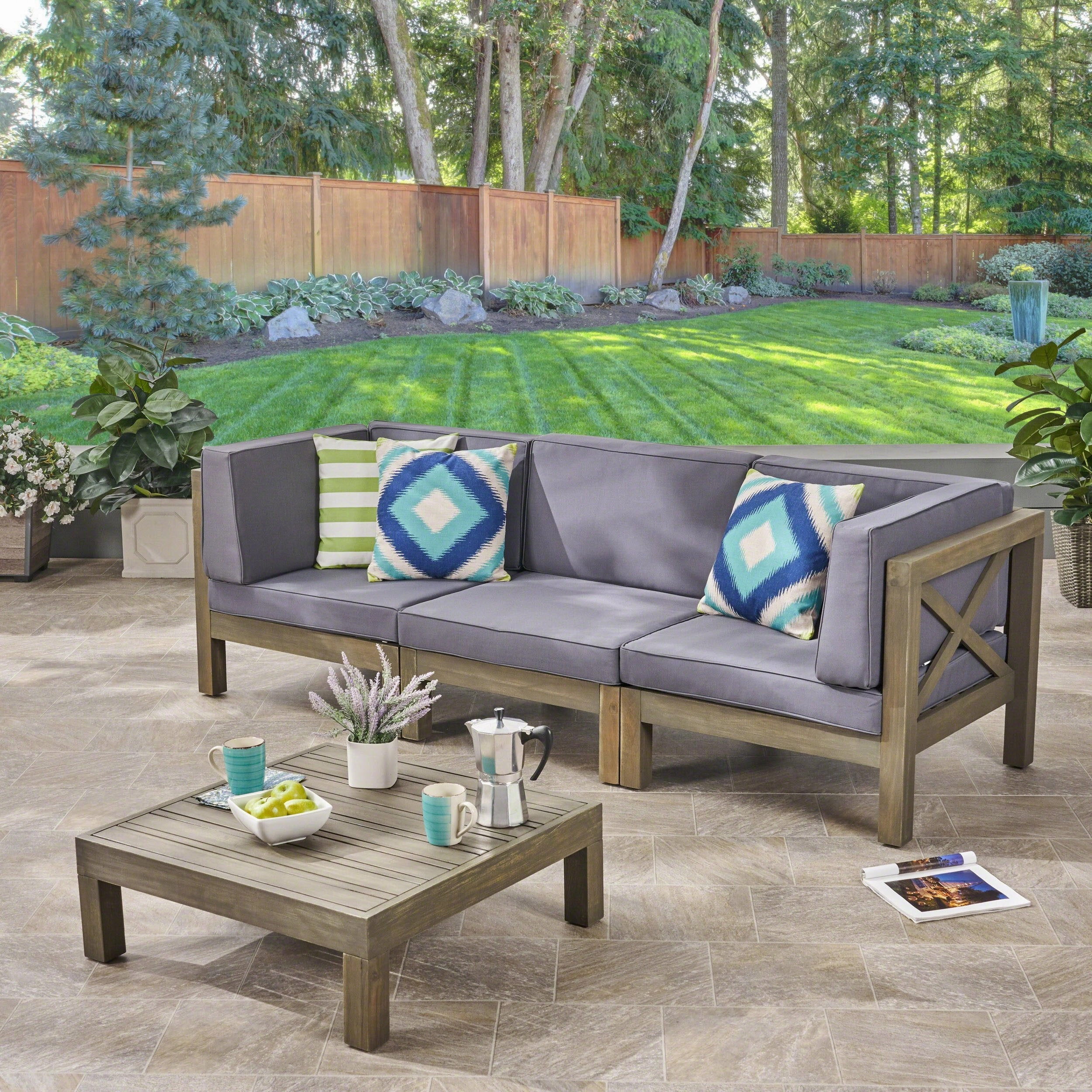 Outdoor Sectional Sofa Set with Coffee Table  3-Seater  Acacia Wood  Water-Resistant Cushions - NH407603
