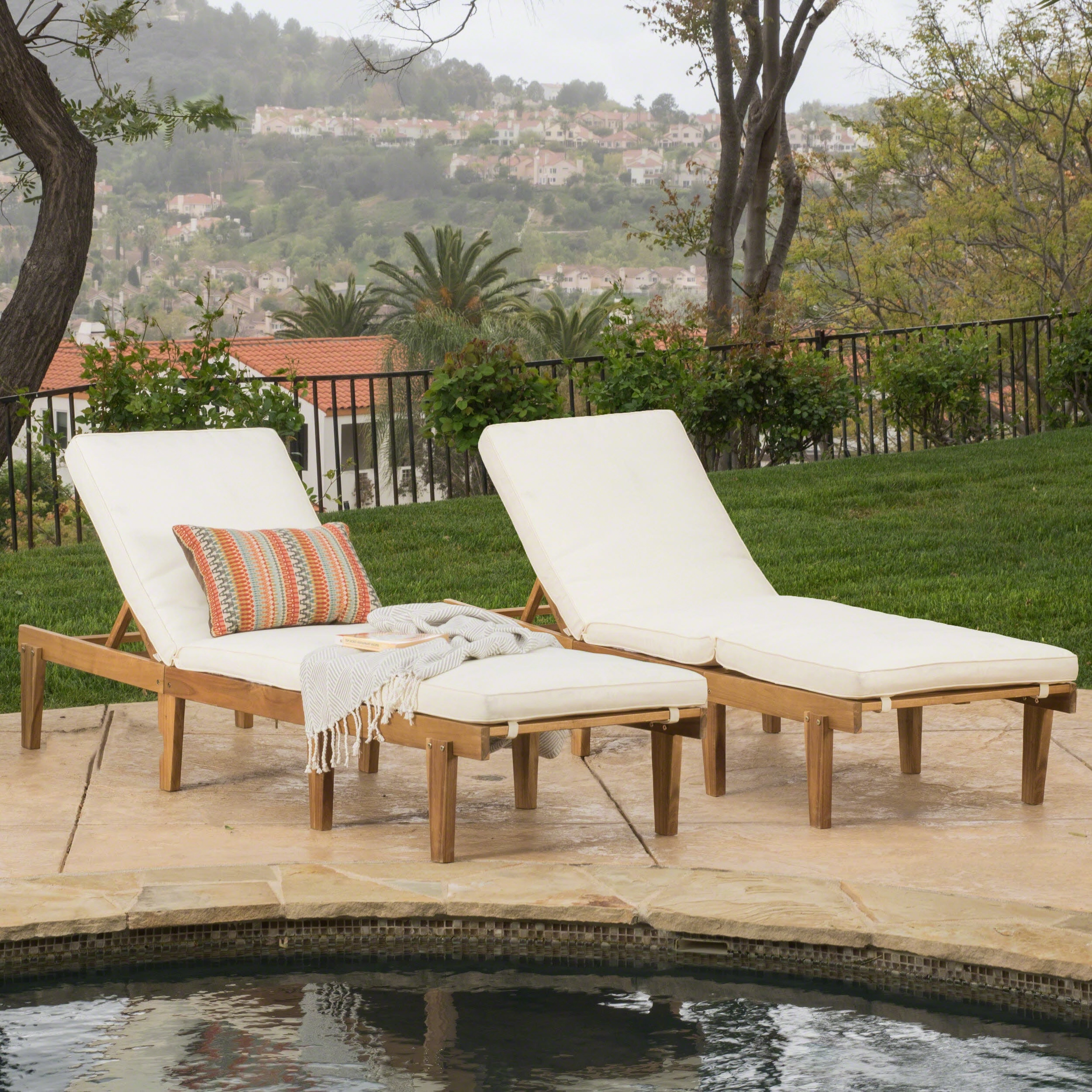 Outdoor Teak Brown Wood Chaise Lounge with Cushion - NH085692