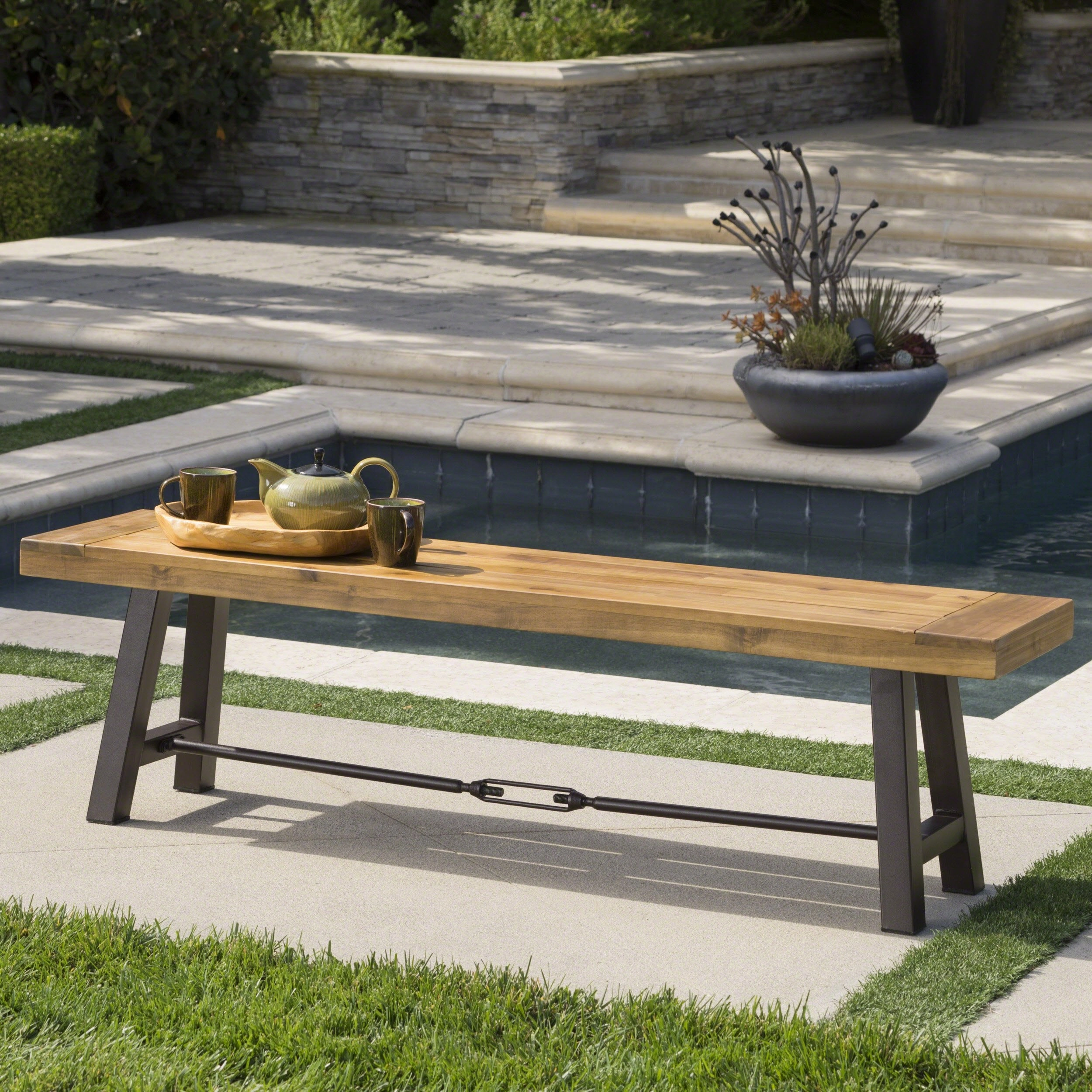 Outdoor Teak Finished Acacia Wood Bench with Rustic Metal Accents - NH365203 outdoor furniture, garden bench