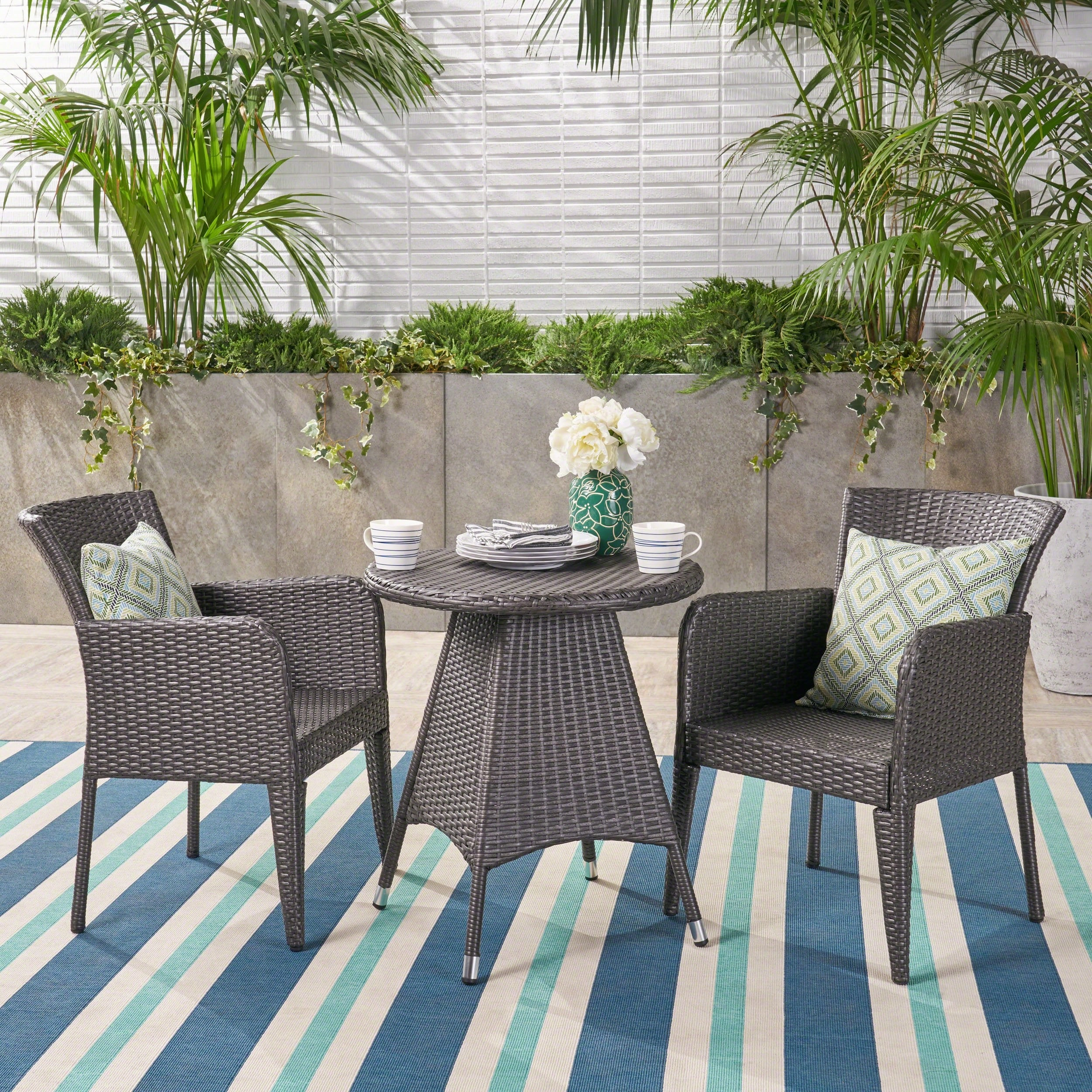 Outdoor Transitional 3-Piece Gray Wicker Bistro Set with Umbrella Hole - NH715403 outdoor lounge chair, patio sofa