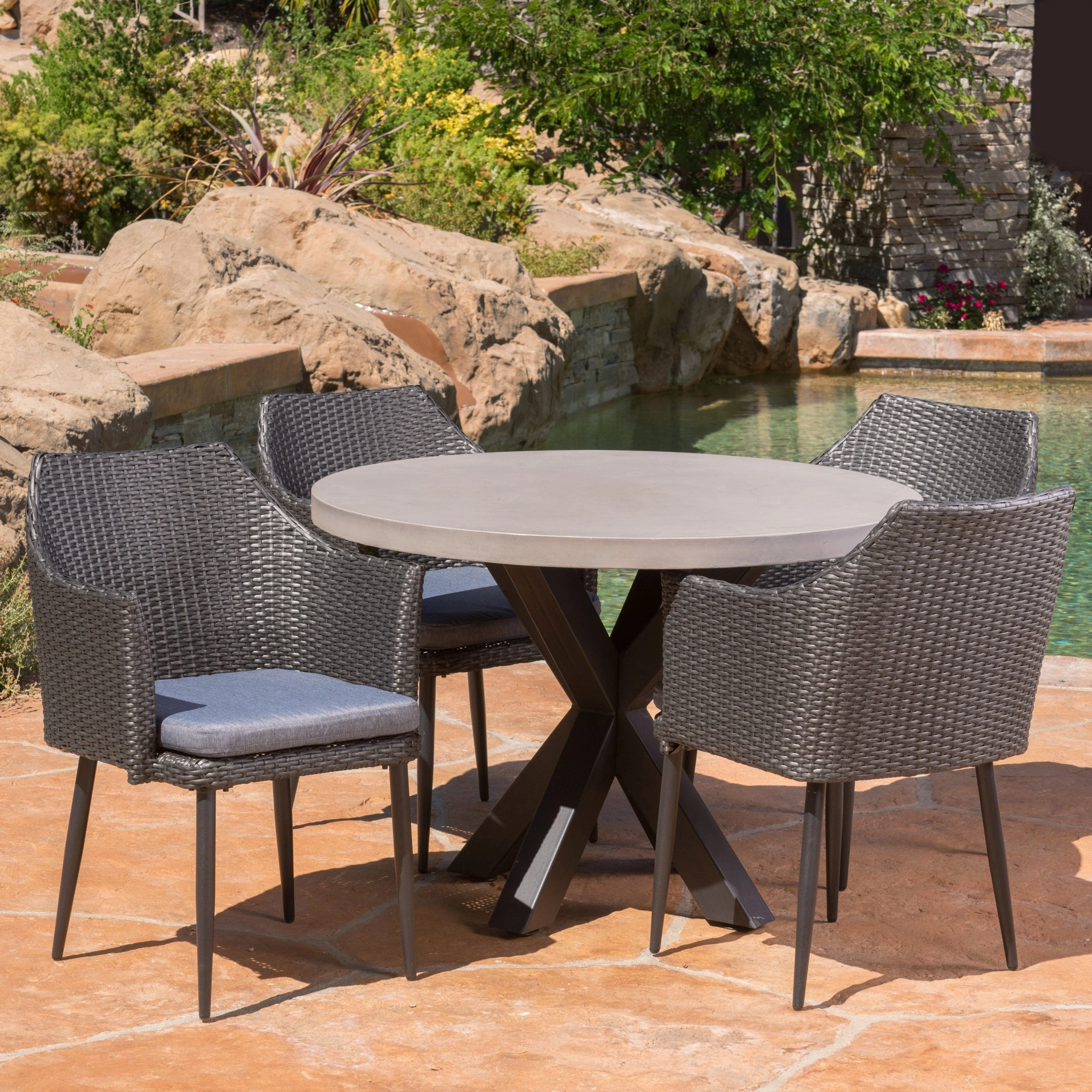 Outdoor Transitional 5 Piece Wicker Dining Set with Lightweight Concrete Table - NH093103