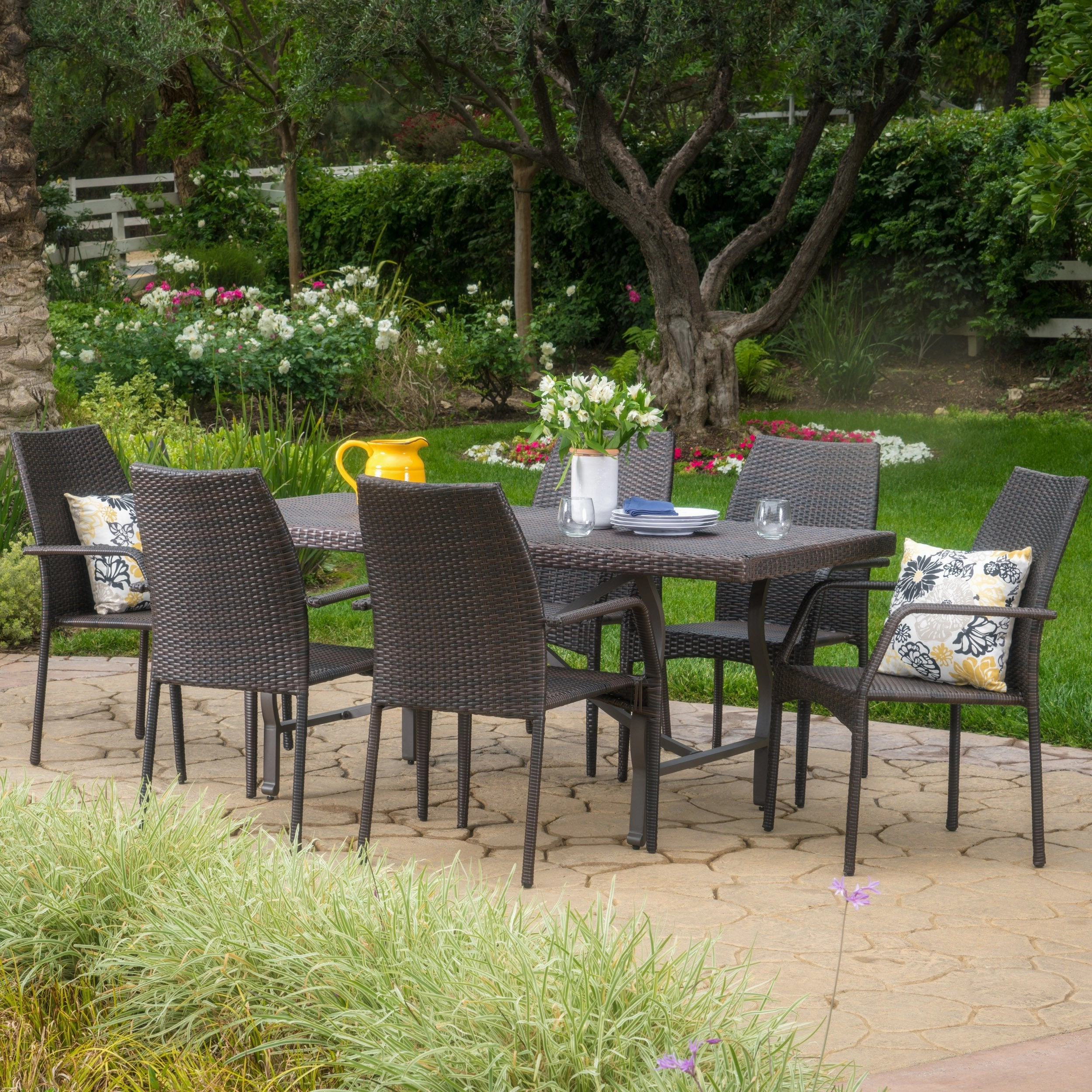 Outdoor Transitional 7-Piece Multi-Brown Wicker Dining Set with Arm Chairs - NH055003 outdoor lounge chair, patio sofa
