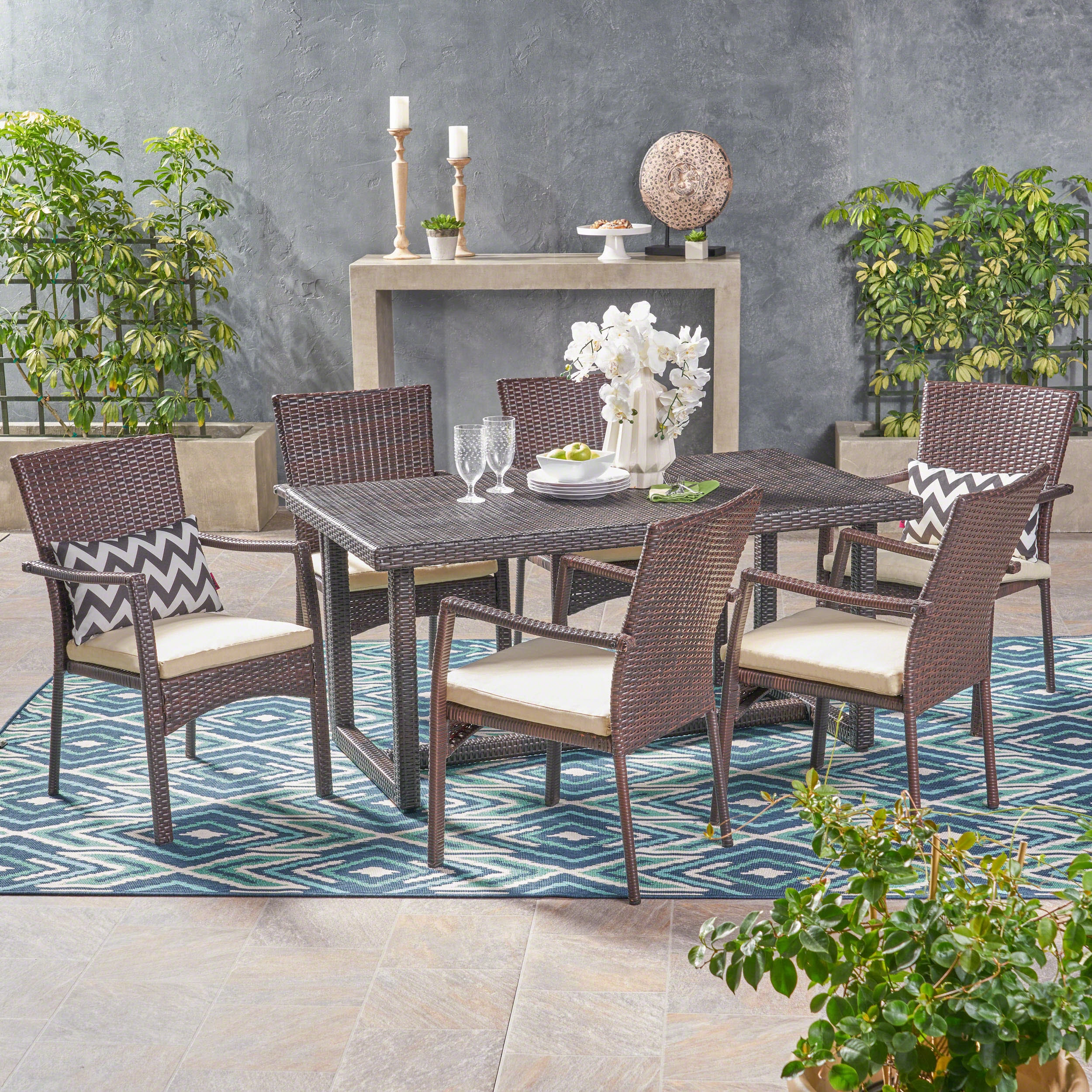 Outdoor Transitional 7-Piece Multi-Brown Wicker Dining Set with Cushions - NH627403 outdoor lounge chair, patio sofa
