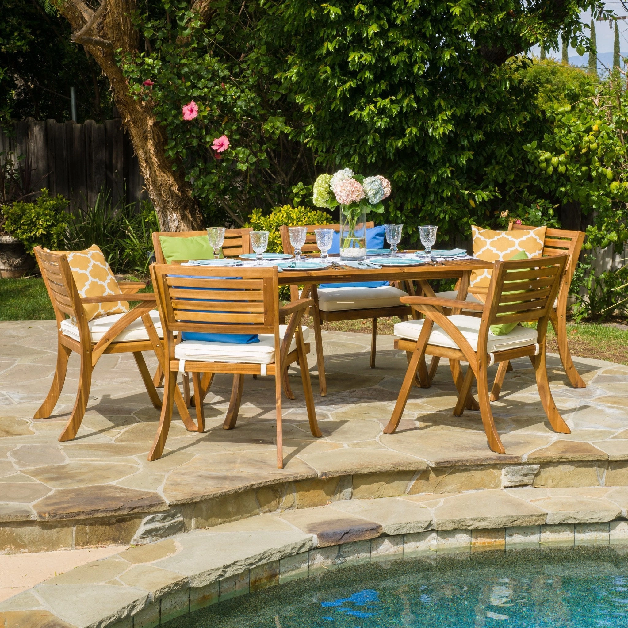 Outdoor Transitional 7-Piece Teak Acacia Wood Dining Set with Cushions - NH252792 outdoor lounge chair, patio sofa
