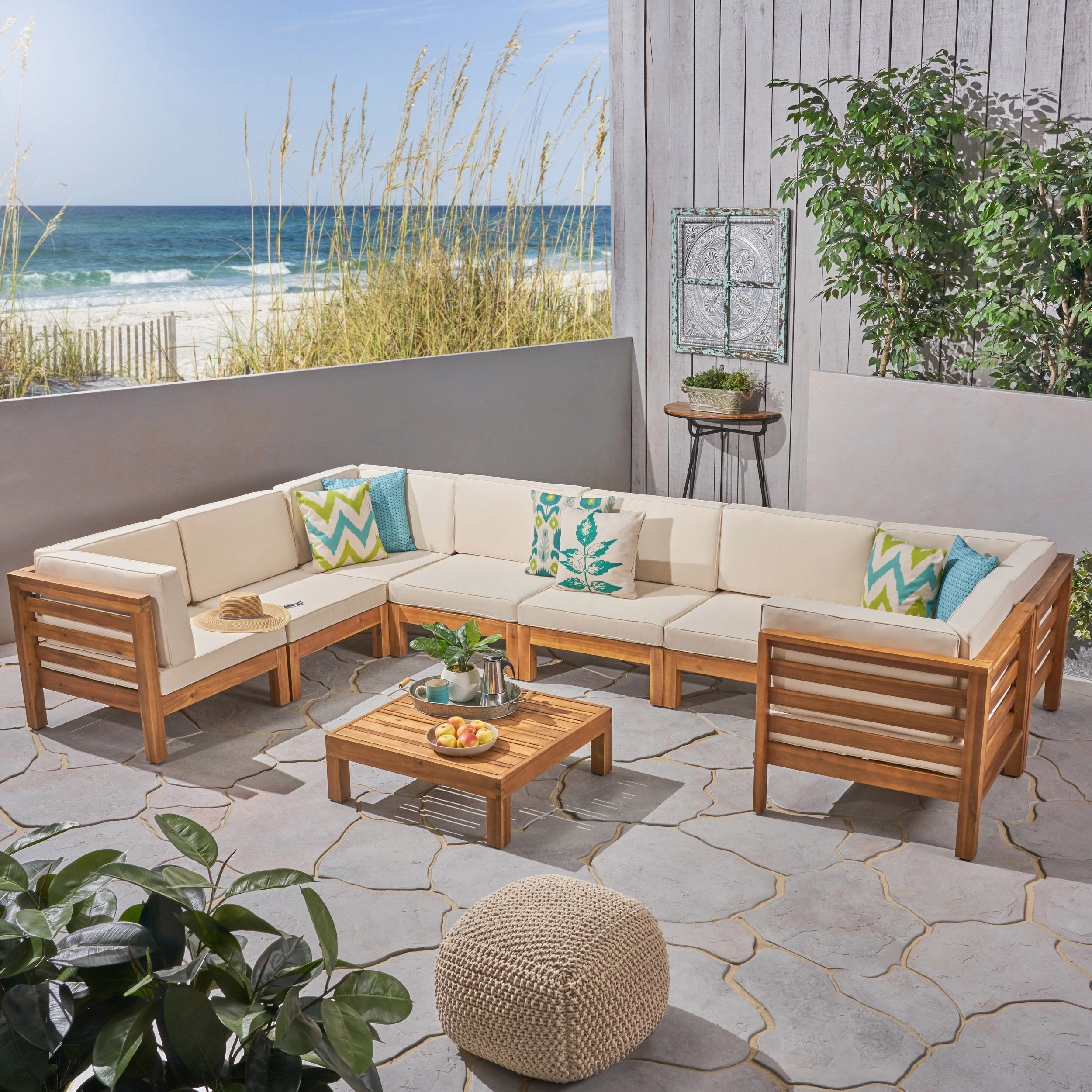 Outdoor U-Shaped Sectional Sofa Set with Coffee Table - 9-Piece 8-Seater - Acacia Wood - Outdoor Cushions - NH090703 outdoor furniture, garden bench