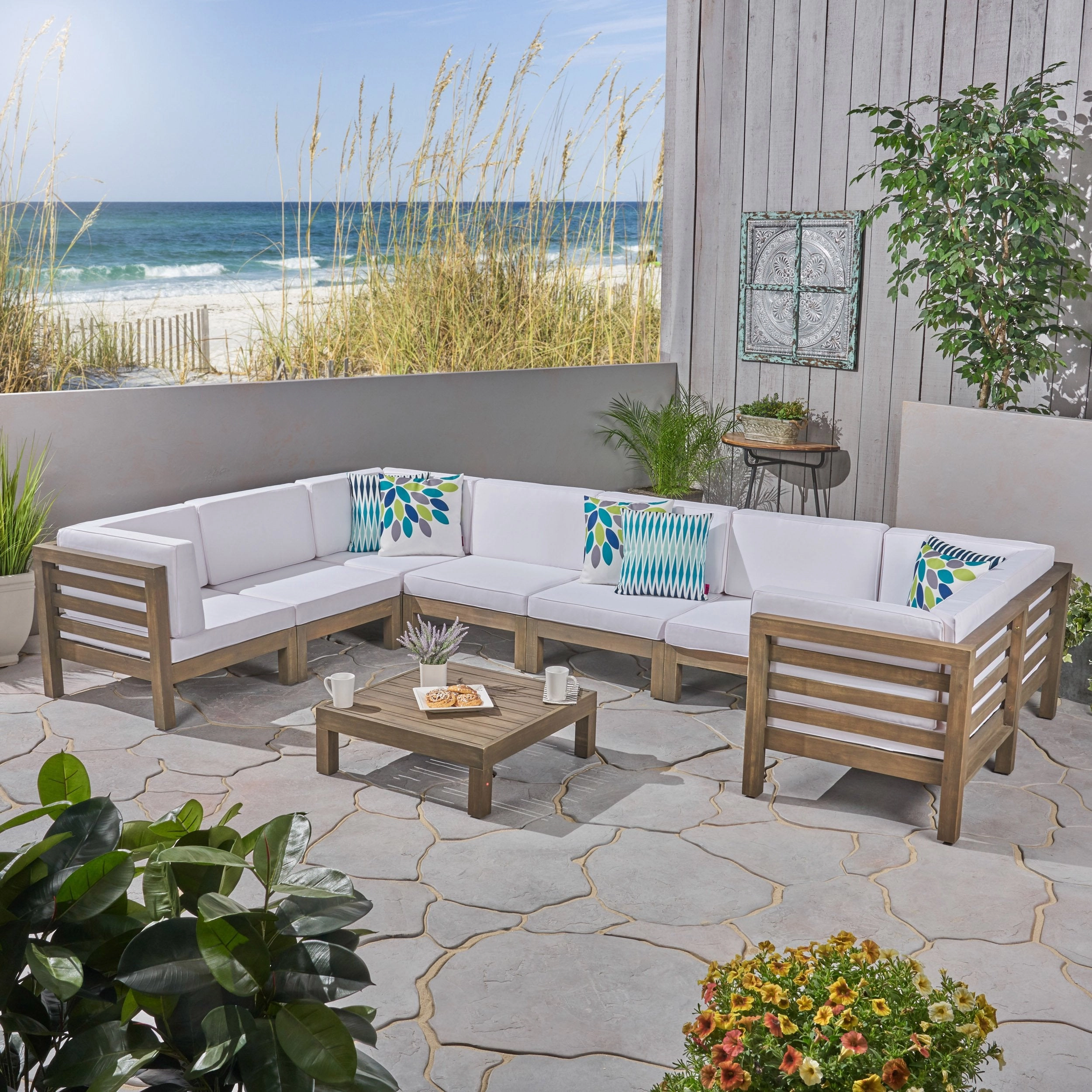 Outdoor U-Shaped Sectional Sofa Set with Coffee Table - 9-Piece 8-Seater - Acacia Wood - Outdoor Cushions - NH490703 outdoor furniture, garden bench