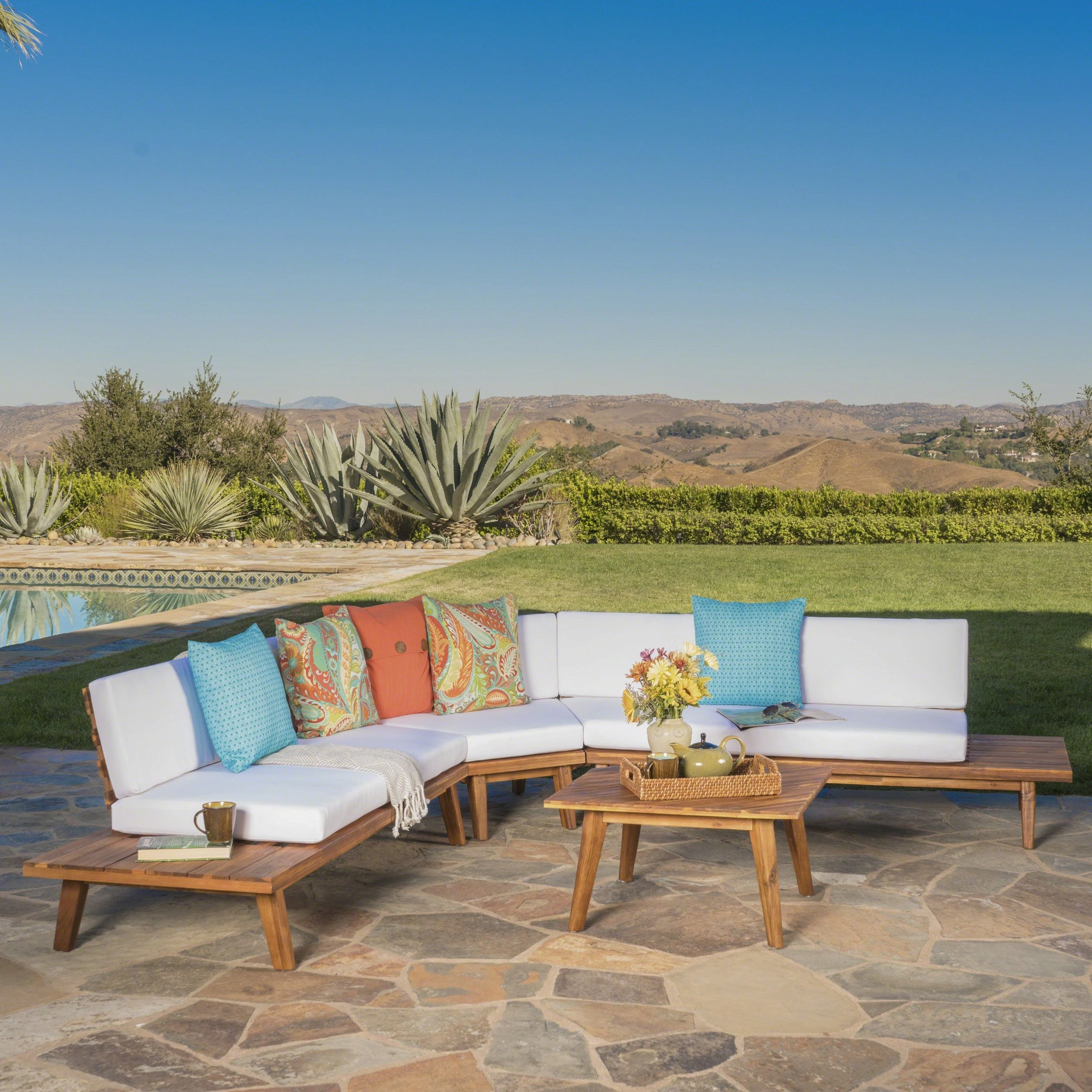 Outdoor V Shaped 4 Piece Acacia Wood Sectional Sofa Set - NH806203 outdoor furniture, garden bench