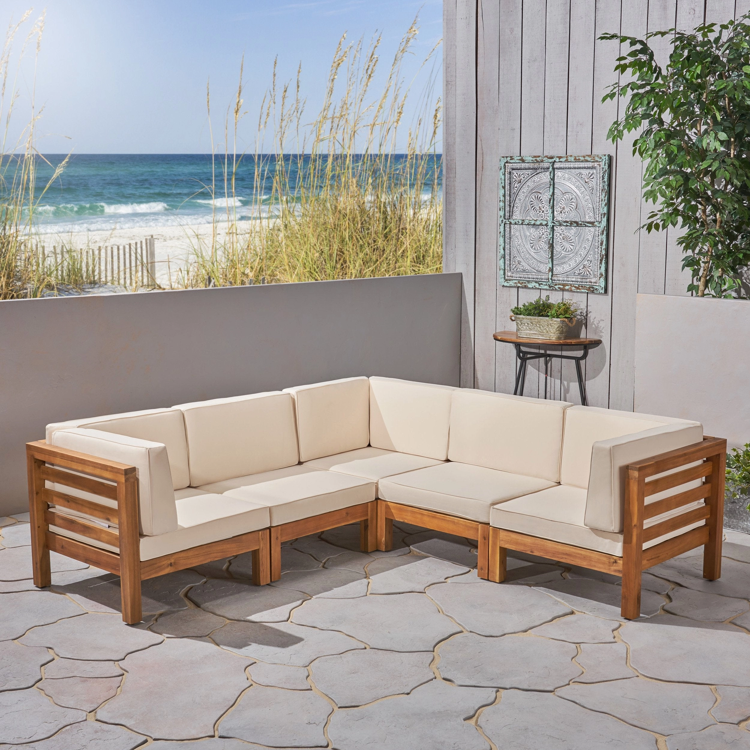 Outdoor V-Shaped Sectional Sofa Set - 5-Seater - Acacia Wood - Outdoor Cushions - NH260703 outdoor furniture, garden bench