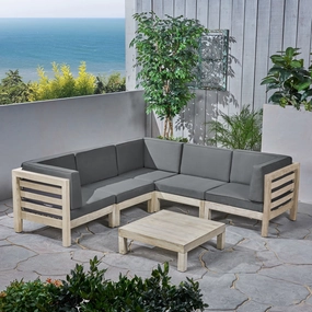 Outdoor V-Shaped Sectional Sofa Set with Coffee Table - 6-Piece 5-Seater - Acacia Wood - Outdoor Cushions - Weathered Gray and Dark Gray - NH160703 outdoor furniture, garden bench