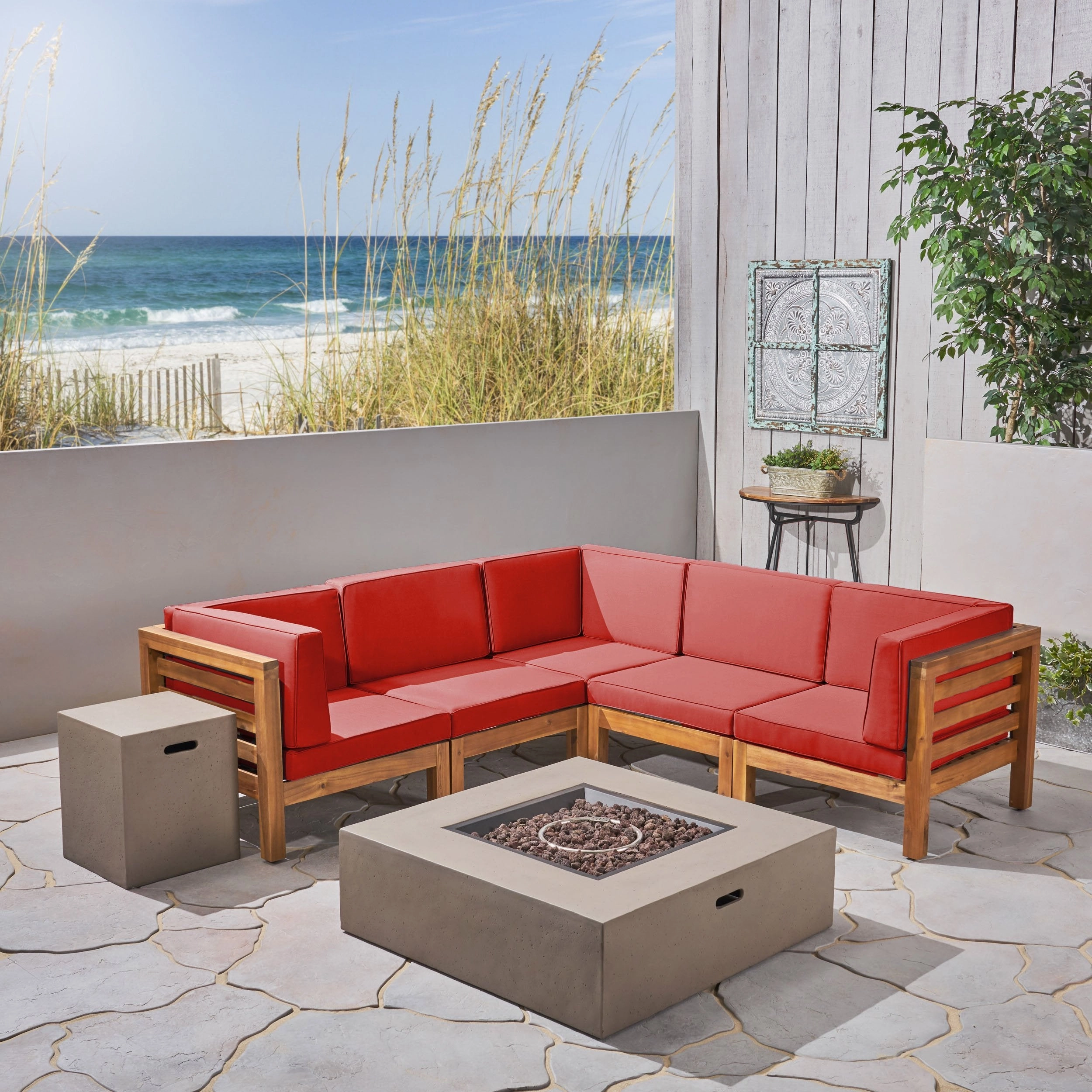 Outdoor V-Shaped Sectional Sofa Set with Fire Pit - NH960703