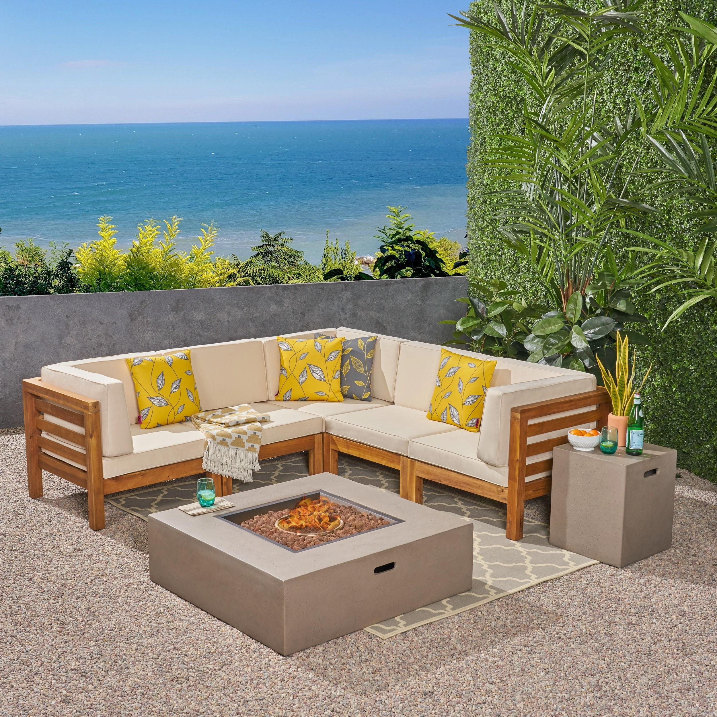 Outdoor V-Shaped Sectional Sofa Set with Fire Pit - NH960703 outdoor furniture, garden bench