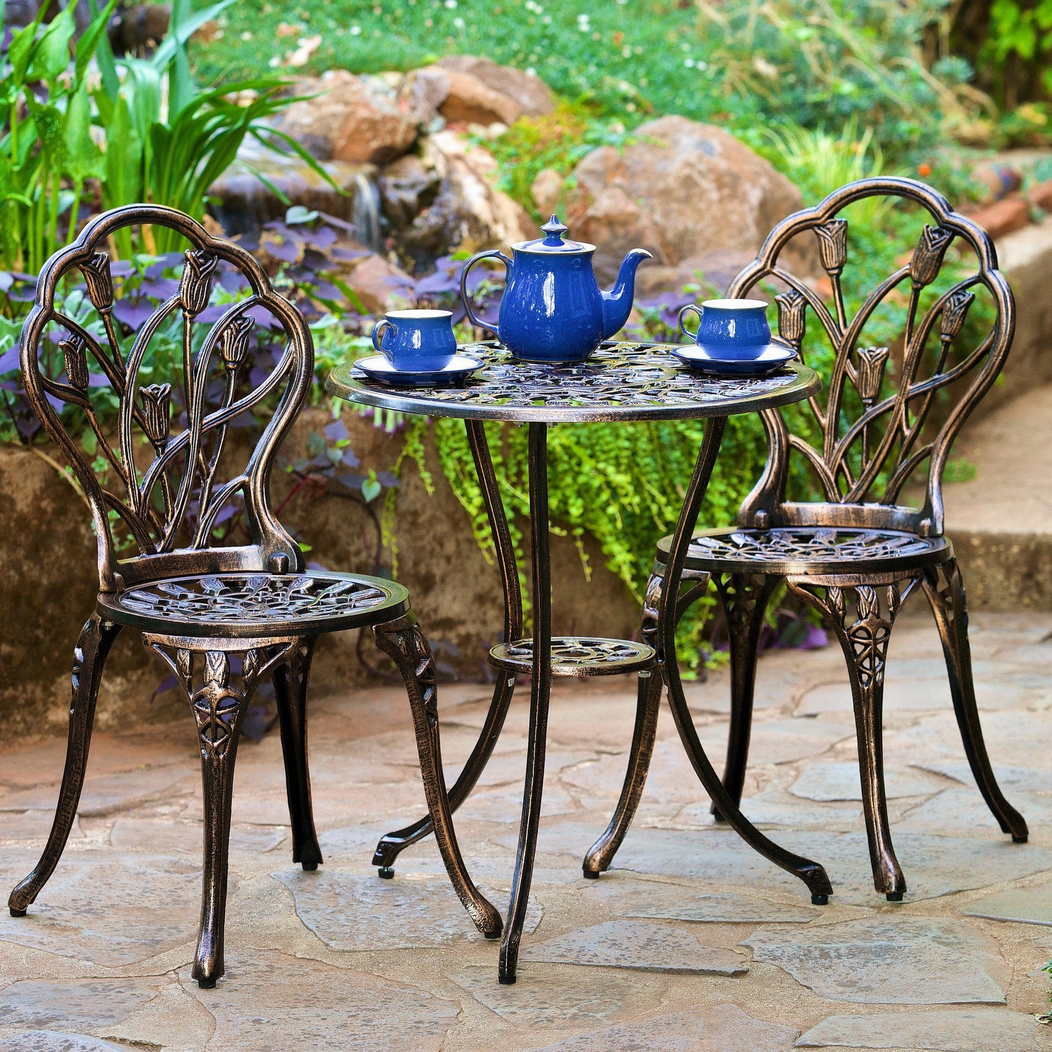 Outdoor Vintage Style Cast Aluminum Bistro Set with Tulips - NH652382 outdoor lounge chair, patio sofa
