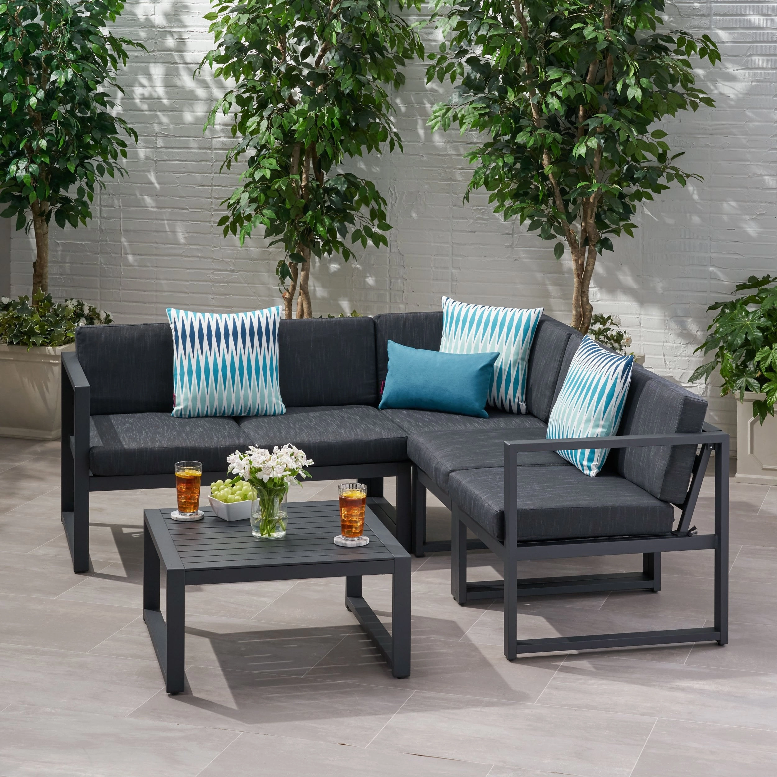 Outdoor Water Resistant Cushions 6 PC Sofa Set w/ Stone Finished Tempered Glass Coffee Table - NH963103 outdoor furniture, garden bench