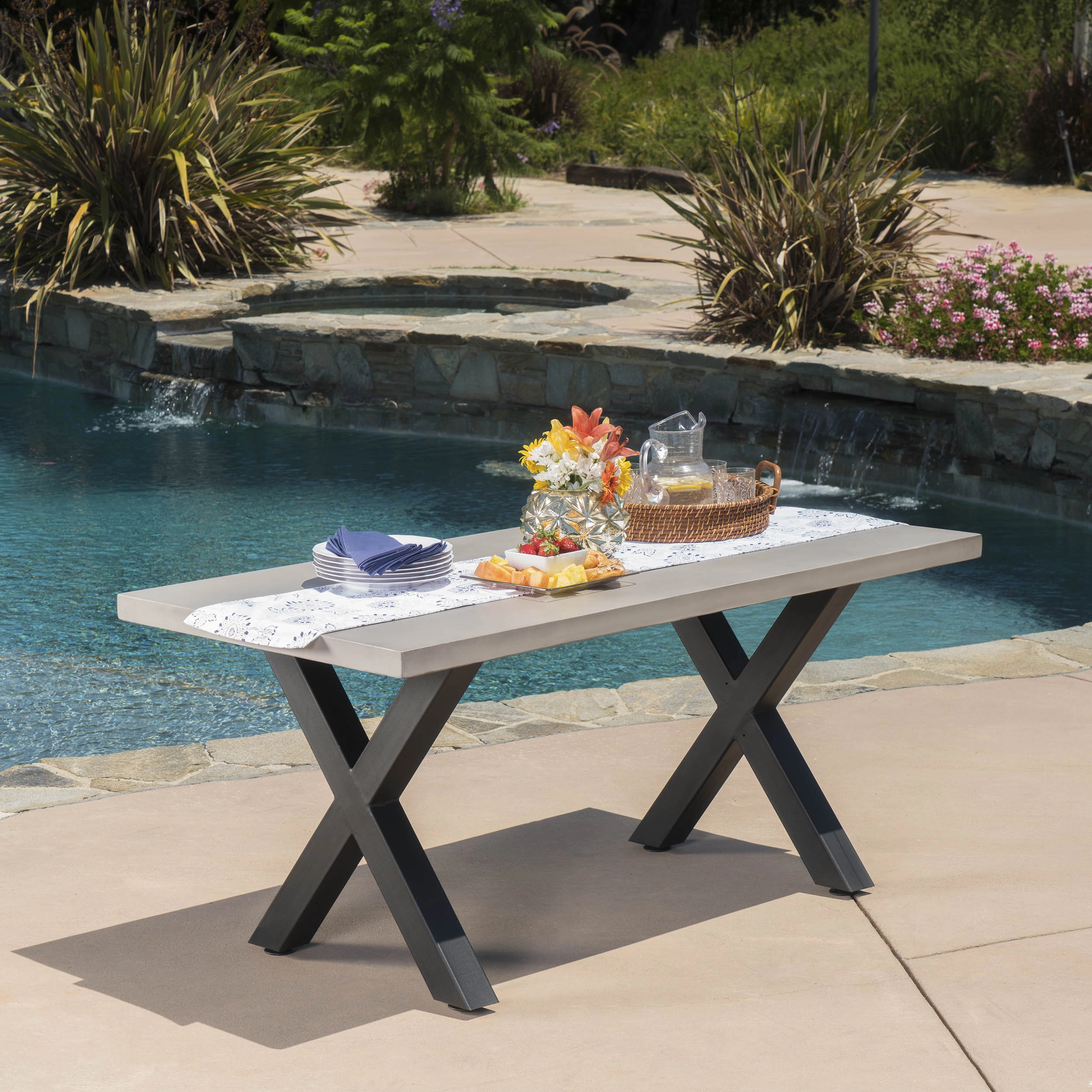 Outdoor White Lightweight Concrete Dining Table w/ Black Iron Legs - NH030103 outdoor lounge chair, patio sofa
