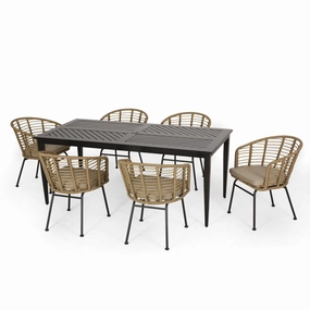 Outdoor Wicker 7 Piece Dining Set, Light Brown, Black, and Beige - NH999413 outdoor lounge chair, patio sofa