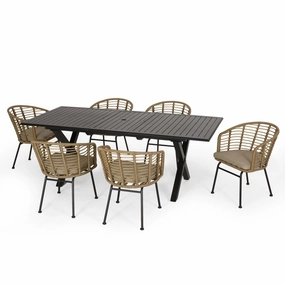 Outdoor Wicker 7 Piece Dining Set, Light Brown, Matte Black, and Beige - NH000513 outdoor lounge chair, patio sofa