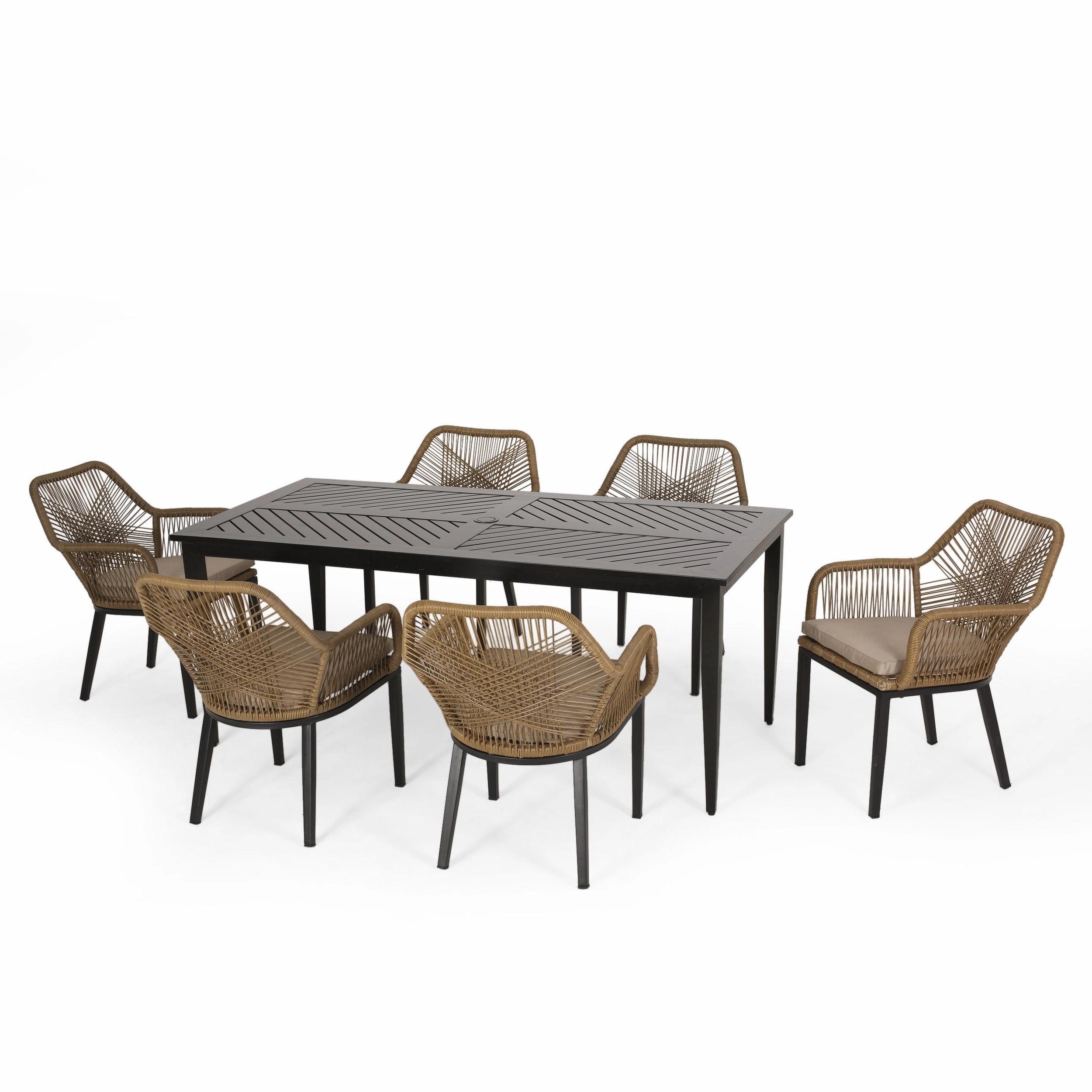 Outdoor Wicker 7 Piece Dining Set with Cushion, Matte Black, Light Brown, and Beige - NH081513 outdoor lounge chair, patio sofa