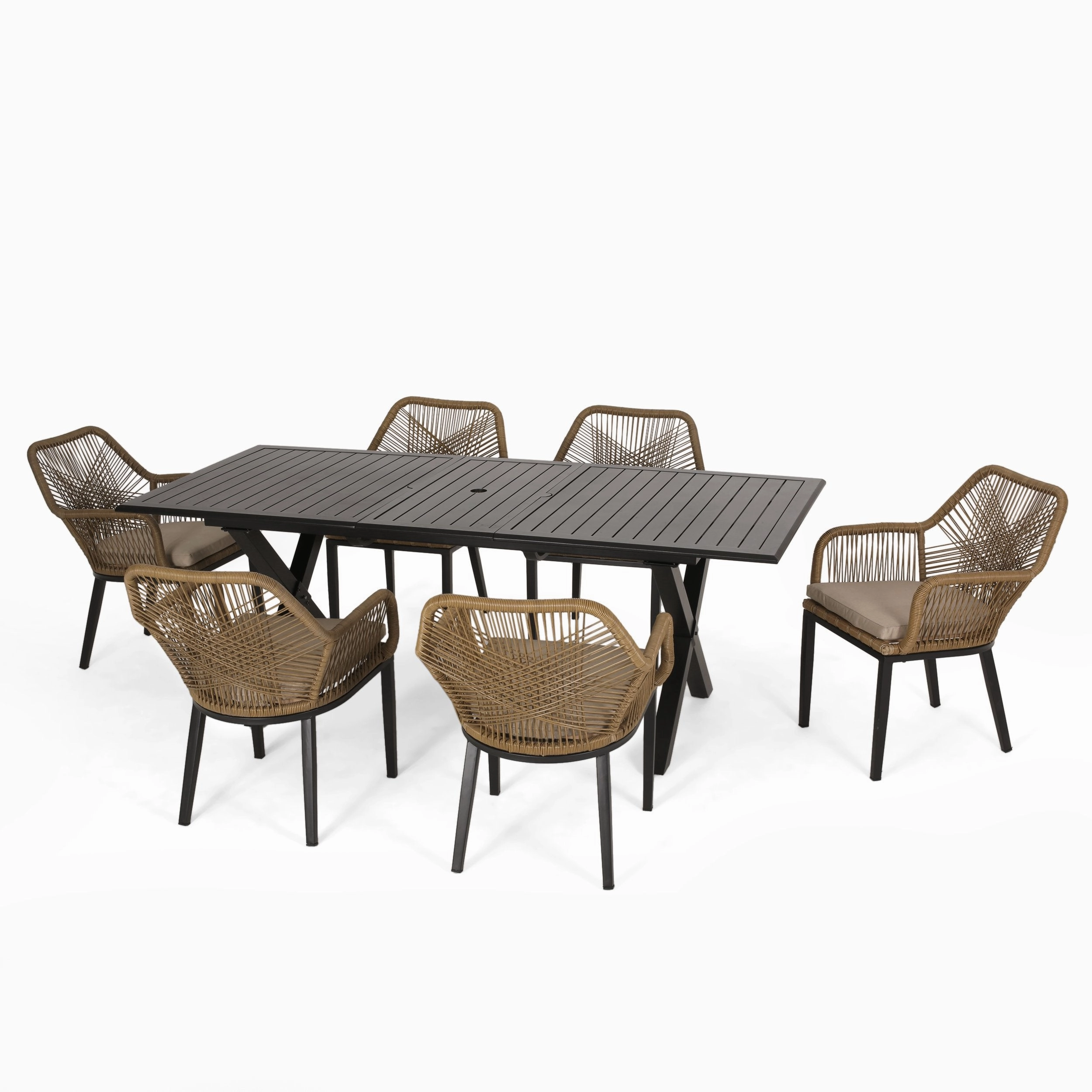 Outdoor Wicker 7 Piece Dining Set with Cushion, Matte Black, Light Brown, and Beige - NH181513 outdoor lounge chair, patio sofa