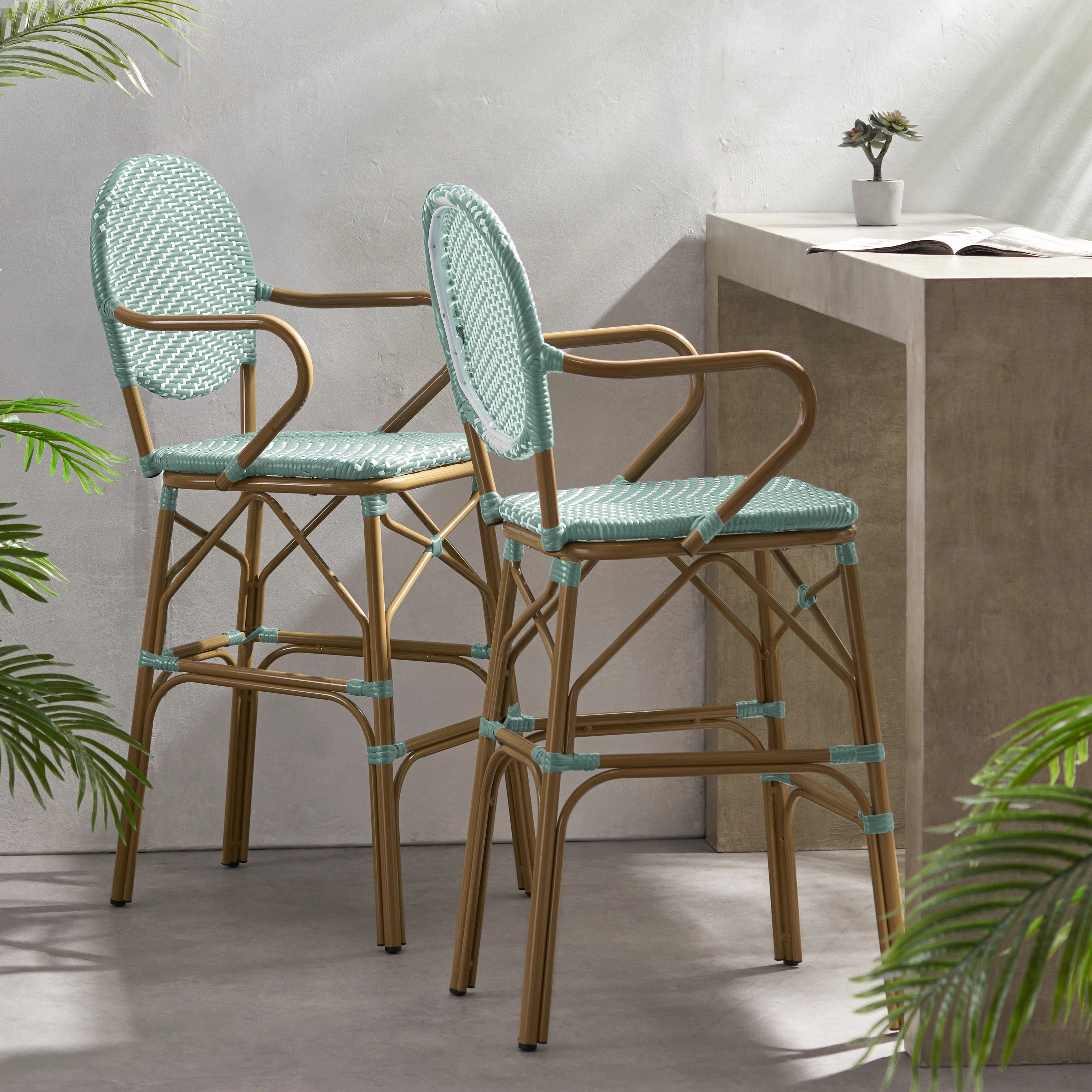 Outdoor Wicker and Aluminum French Barstools kitchen accessories, table linens