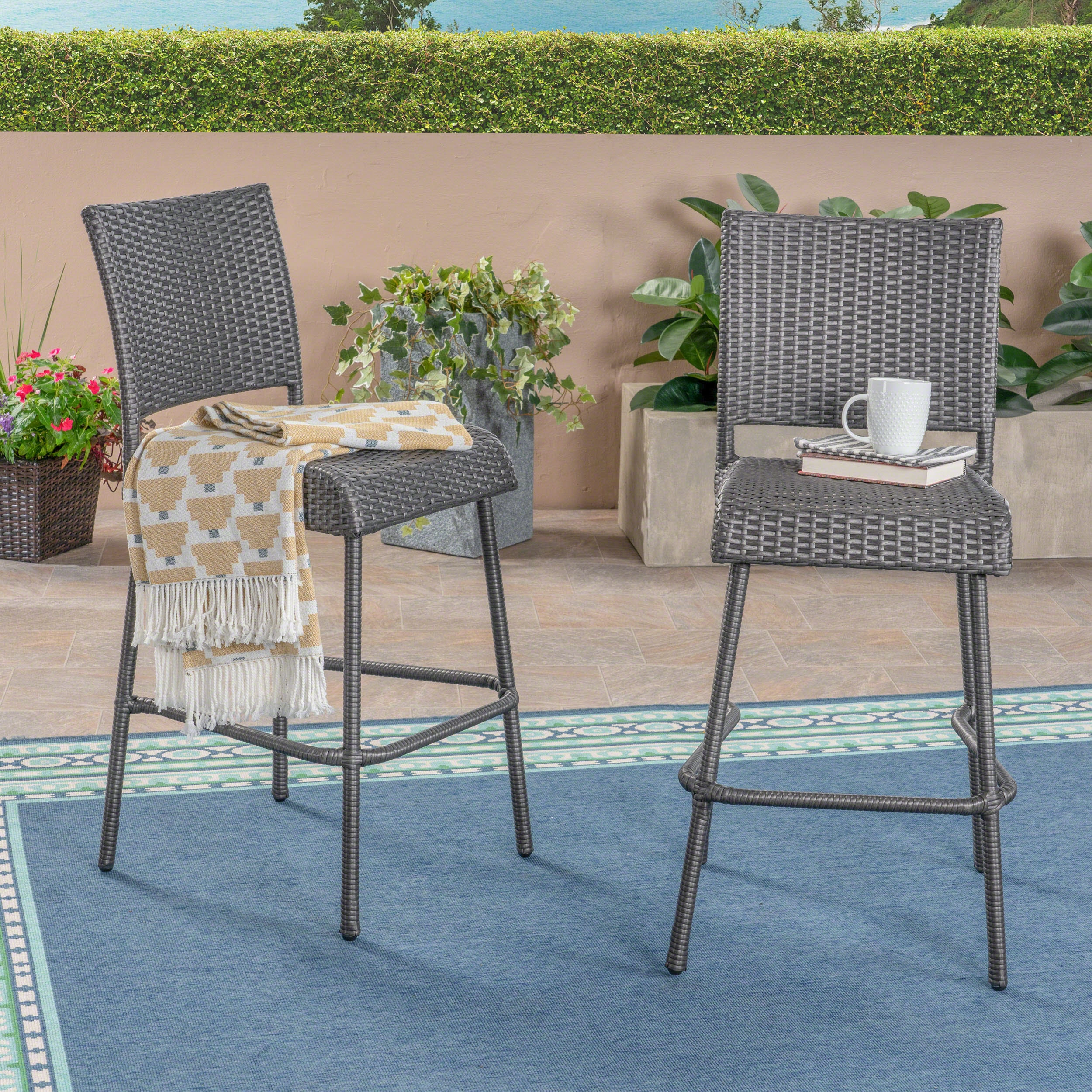 Outdoor Wicker Barstool, Gray (Set of 2) - NH218503 outdoor furniture, garden bench