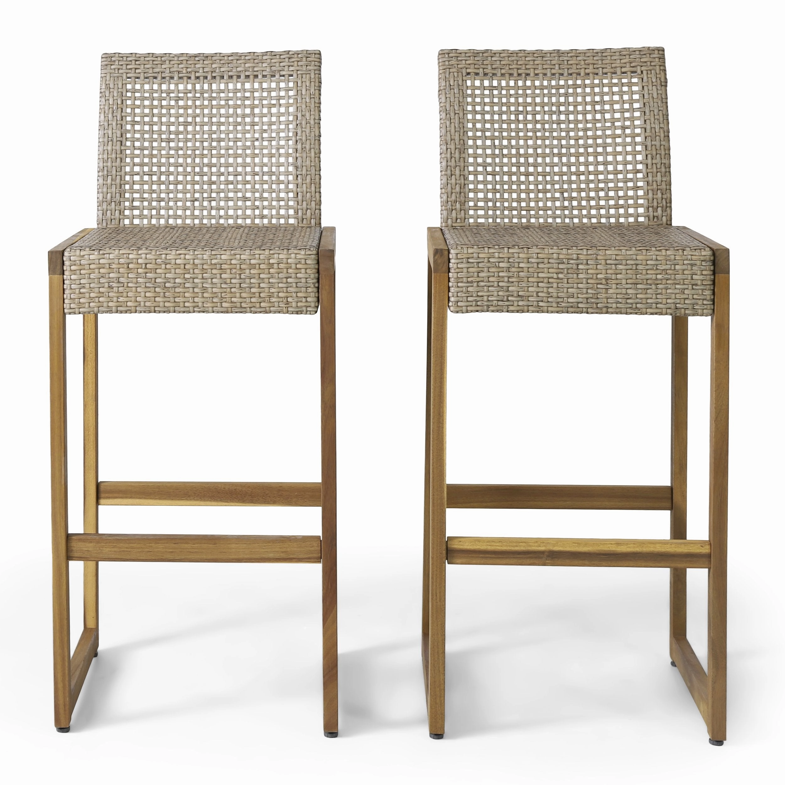 Outdoor Wicker Barstools, Set of 2, Light Multi-Brown and Teak - NH102413 outdoor furniture, garden bench