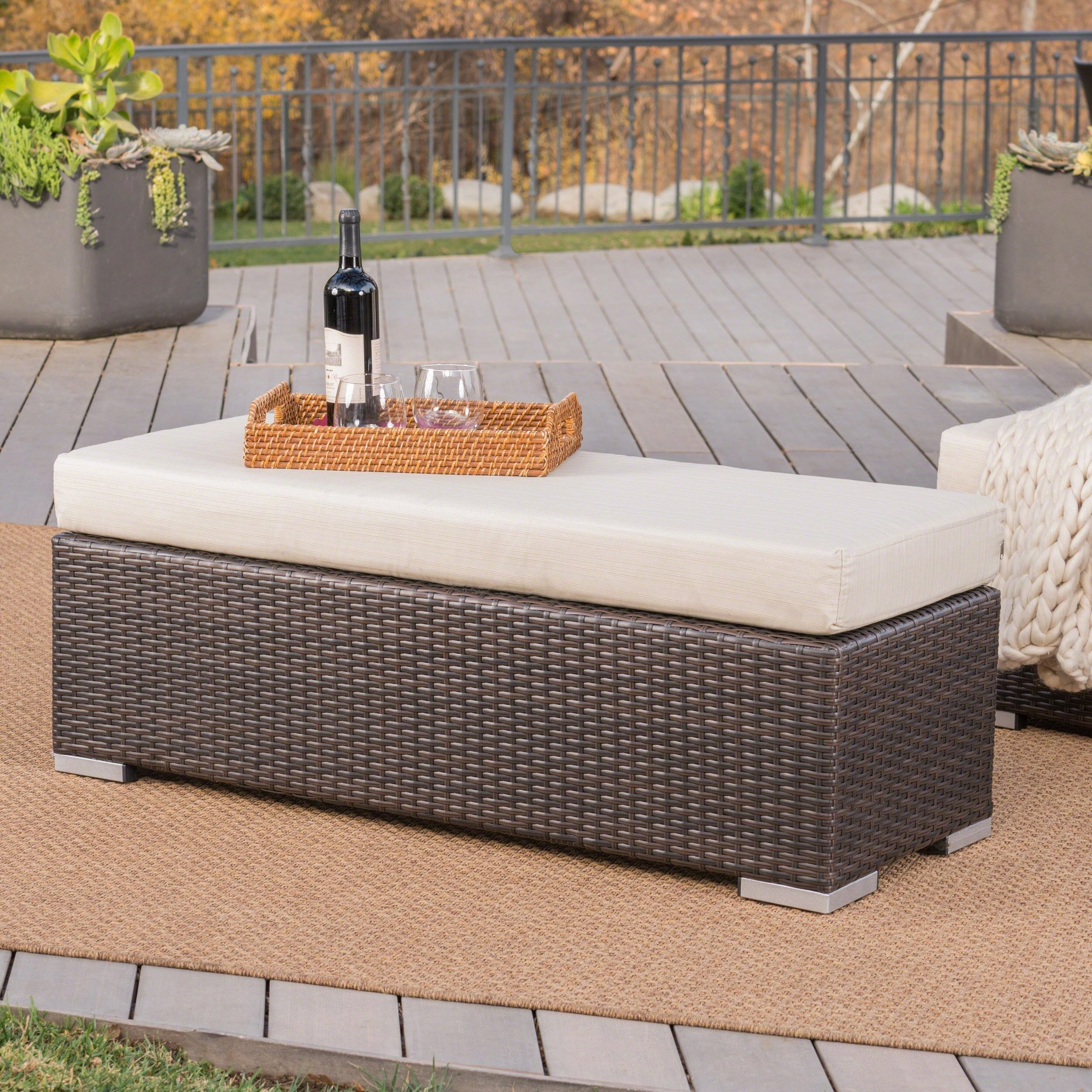 Outdoor Wicker Bench with Water Resistant Cushion - NH914303 outdoor furniture, garden bench