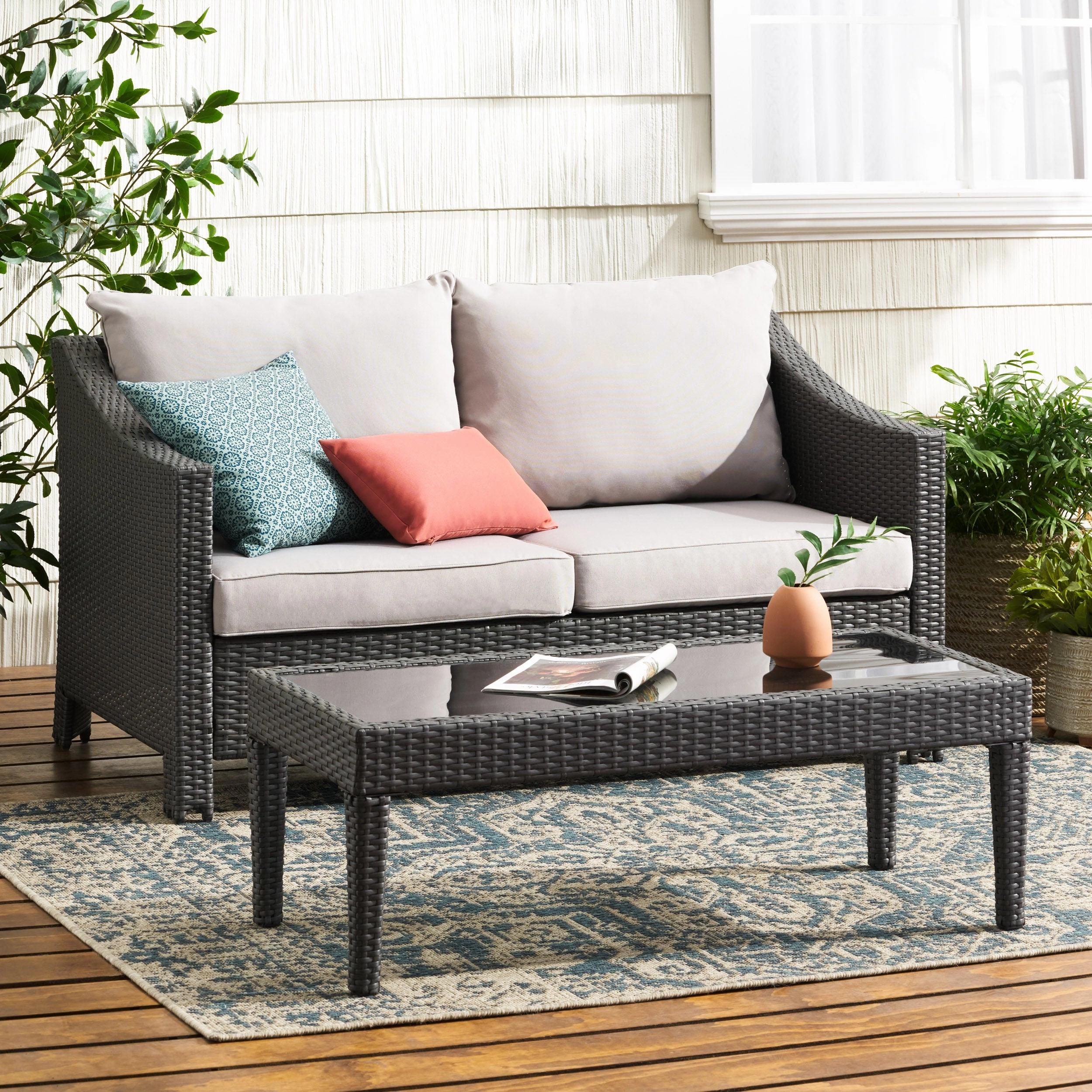 Outdoor Wicker Loveseat & Table w/Water Resistant Fabric Cushions - NH198992